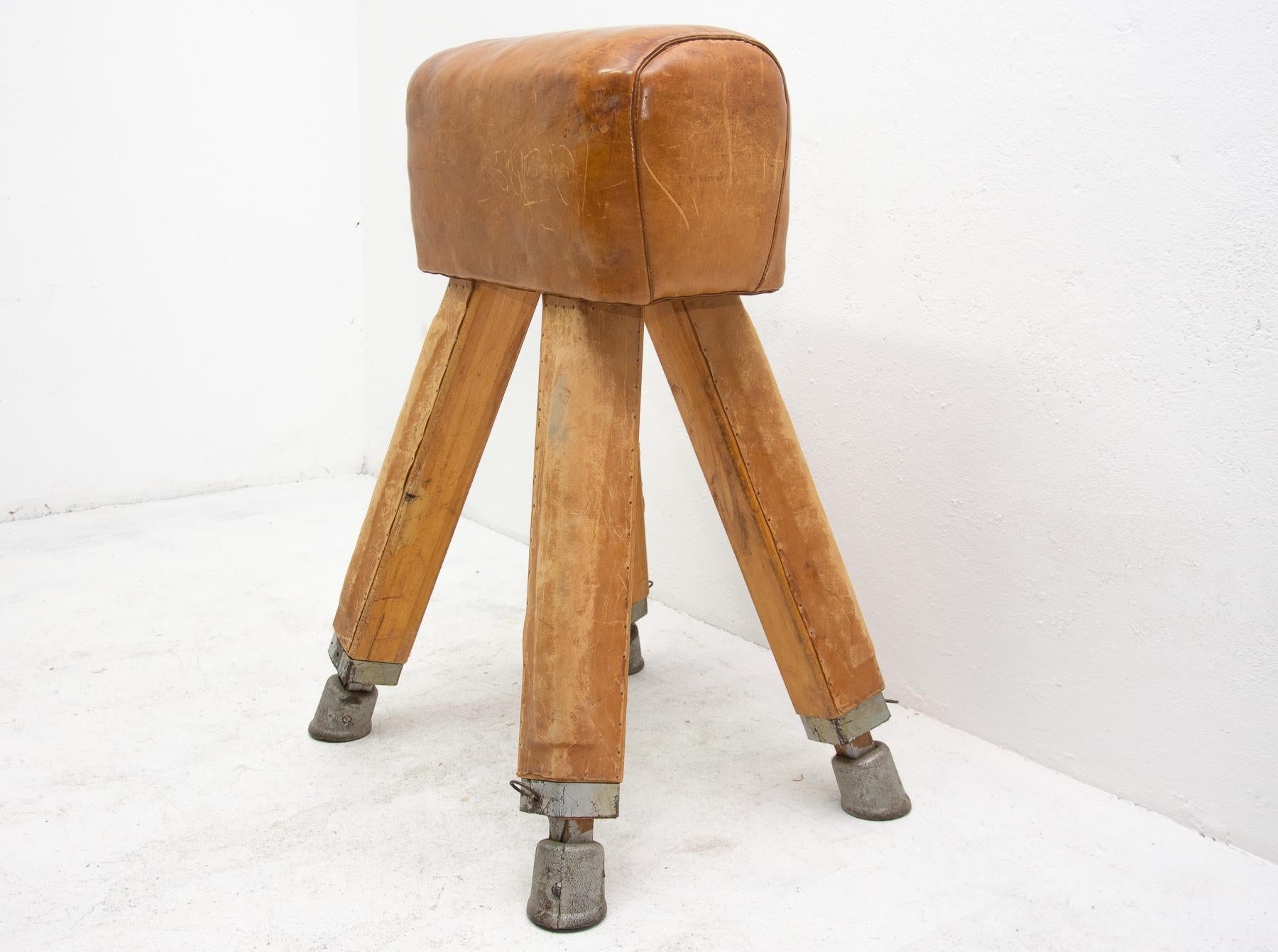 Czech Vintage Beech, Metal and Leather Gym Pommel Horse, 1930s