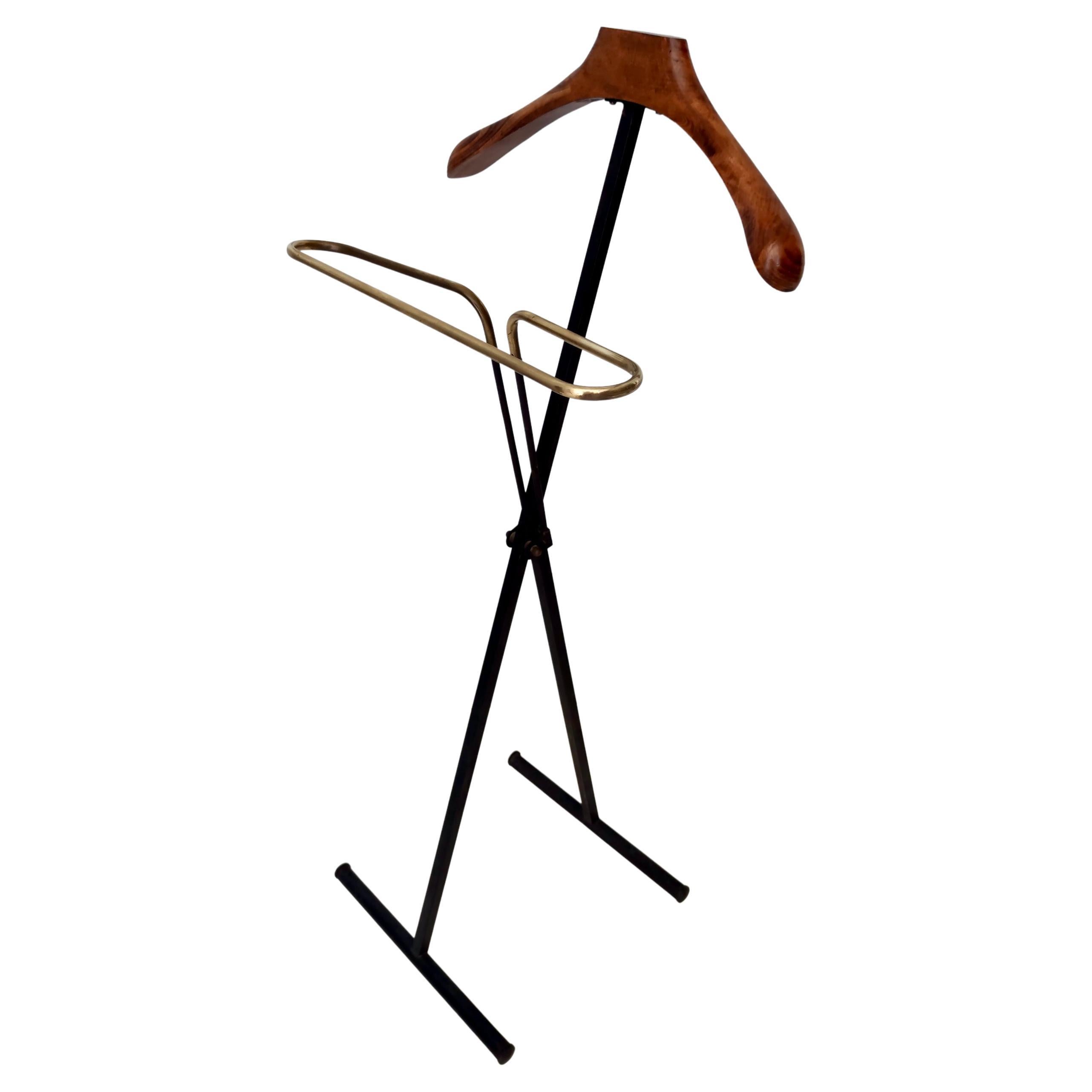 Vintage Beech, Varnished Metal and Brass Valet Stand, Italy For Sale