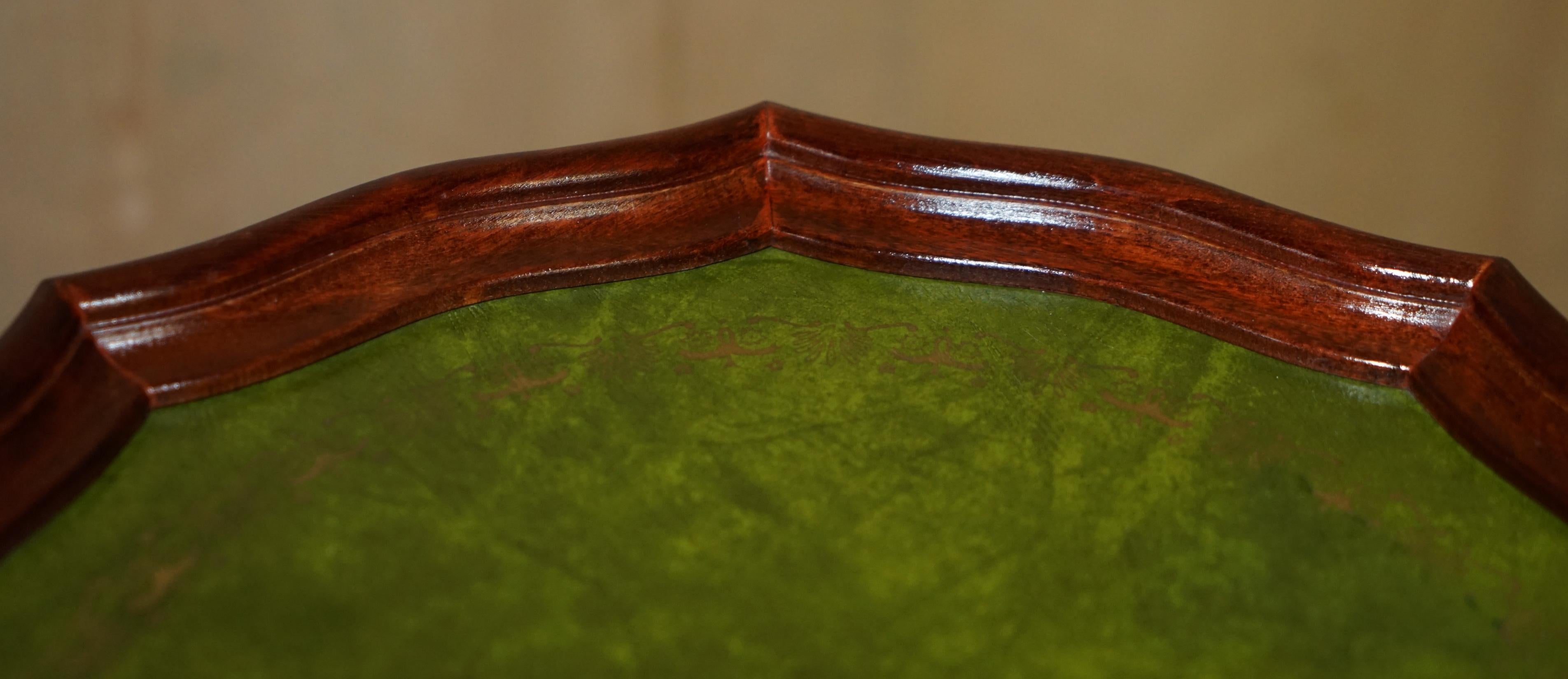 Vintage Beech Wood Pie Crust Edge Green Leather Tripod Side End Lamp Wine Table 10