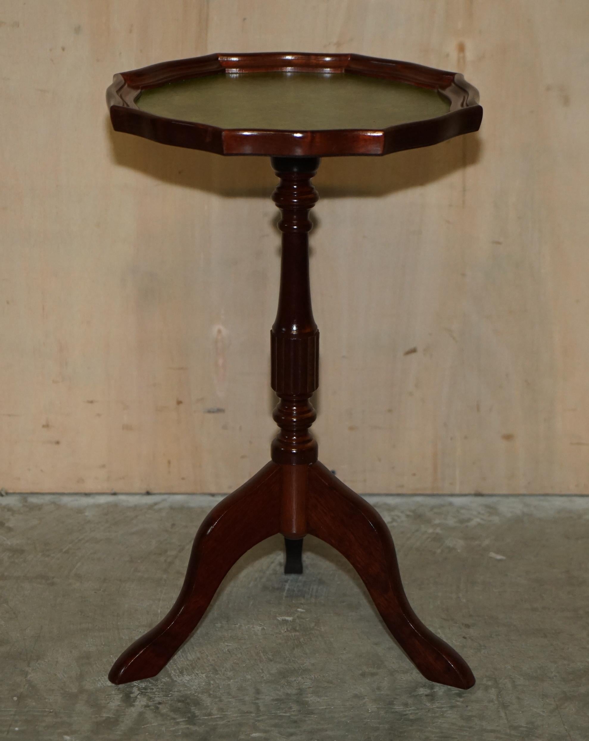 Vintage Beech Wood Pie Crust Edge Green Leather Tripod Side End Lamp Wine Table 11