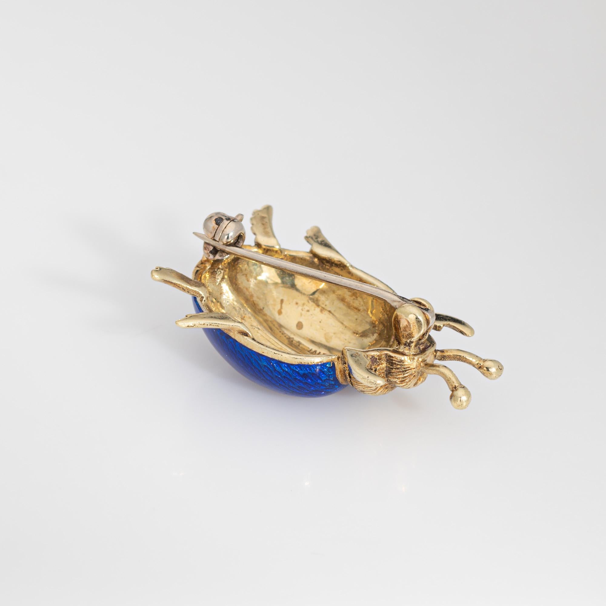 Modern Vintage Beetle Brooch Blue Enamel 14k Yellow Gold Martine Estate Fine Jewelry  For Sale