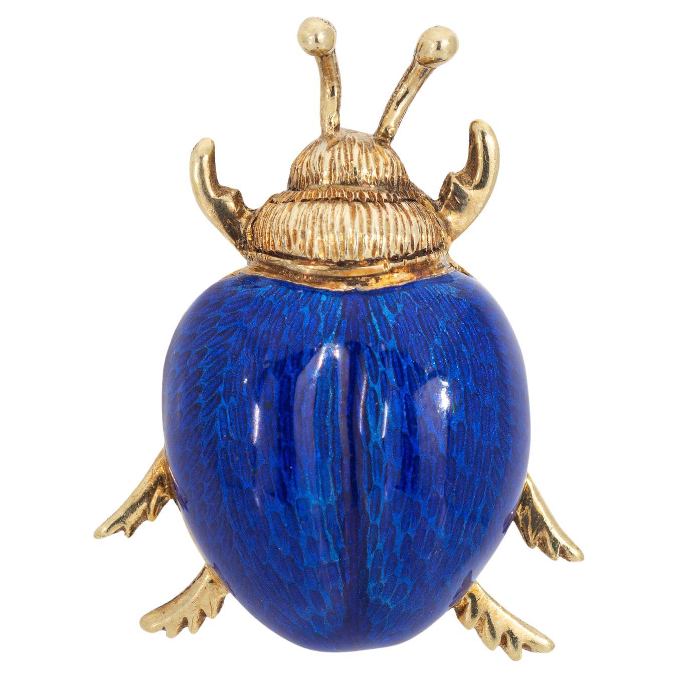 Vintage Beetle Brooch Blue Enamel 14k Yellow Gold Martine Estate Fine Jewelry  For Sale