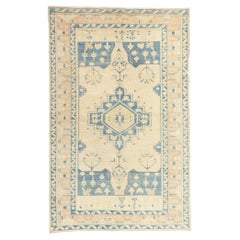 Vintage Beige and Blue Turkish Oushak Rug
