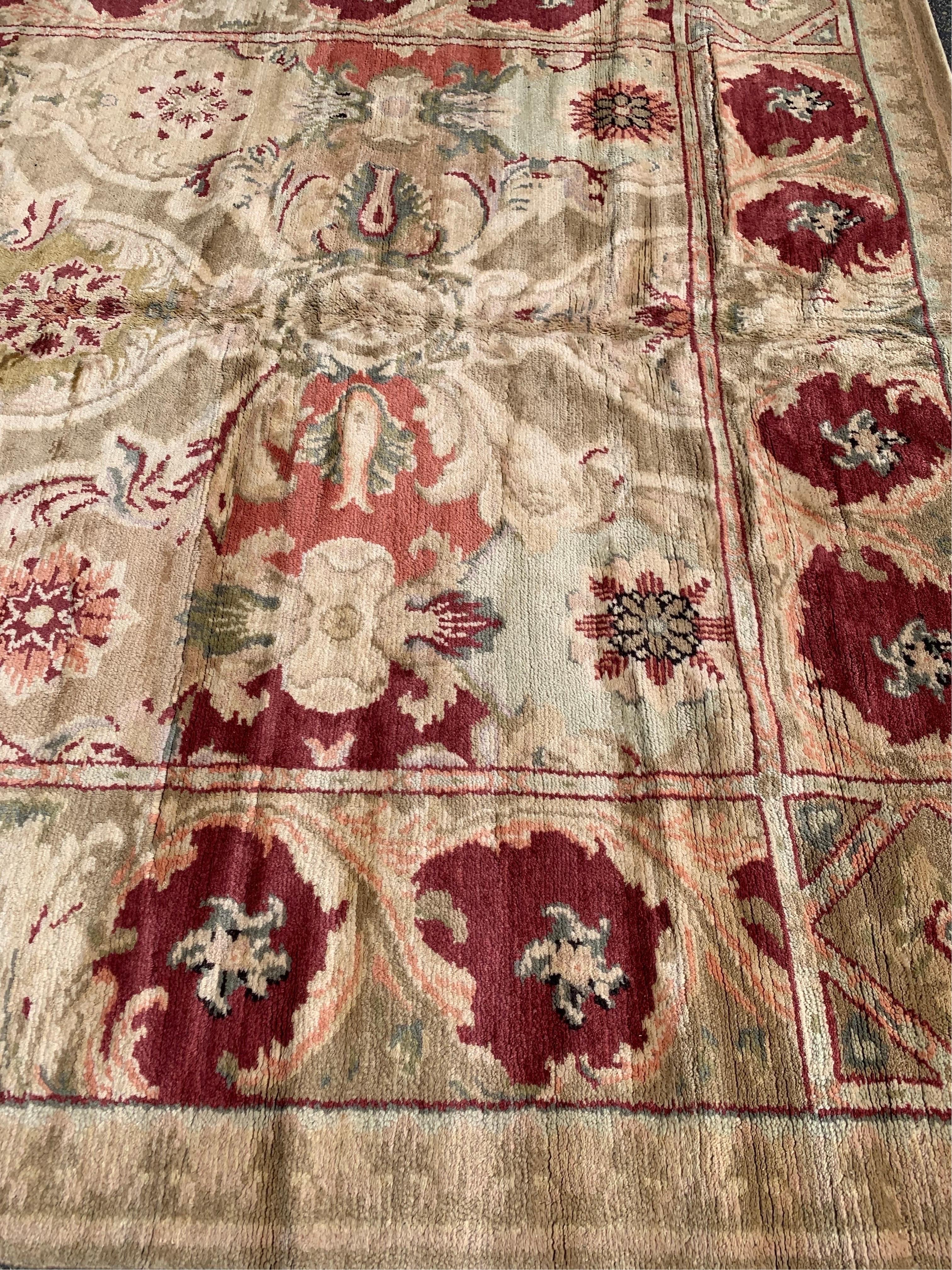 Arts and Crafts Vintage Beige and Burgundy Axminster Style Area Rug 8.5 x 10.2 ft For Sale