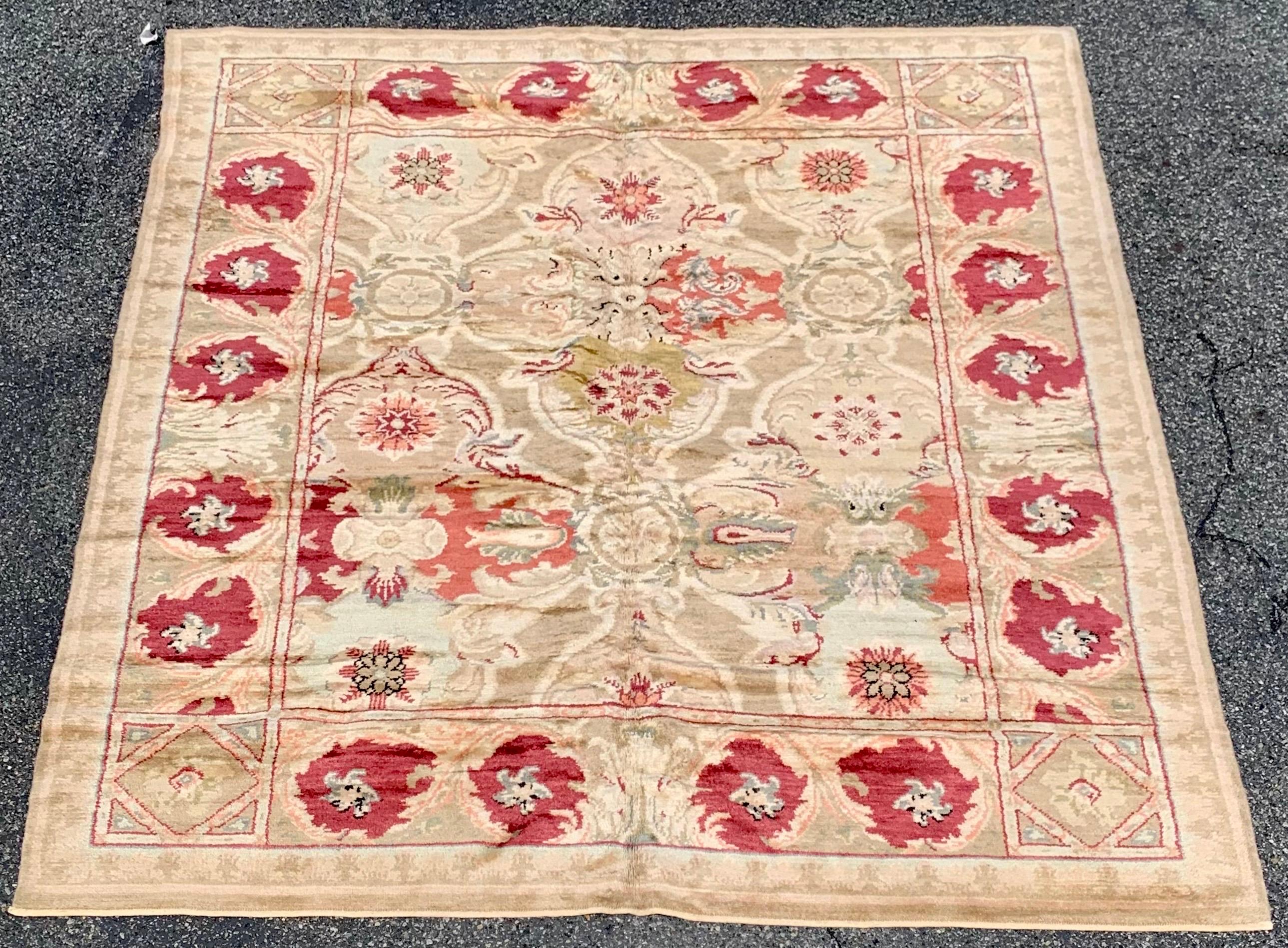 Egyptian Vintage Beige and Burgundy Axminster Style Area Rug 8.5 x 10.2 ft For Sale