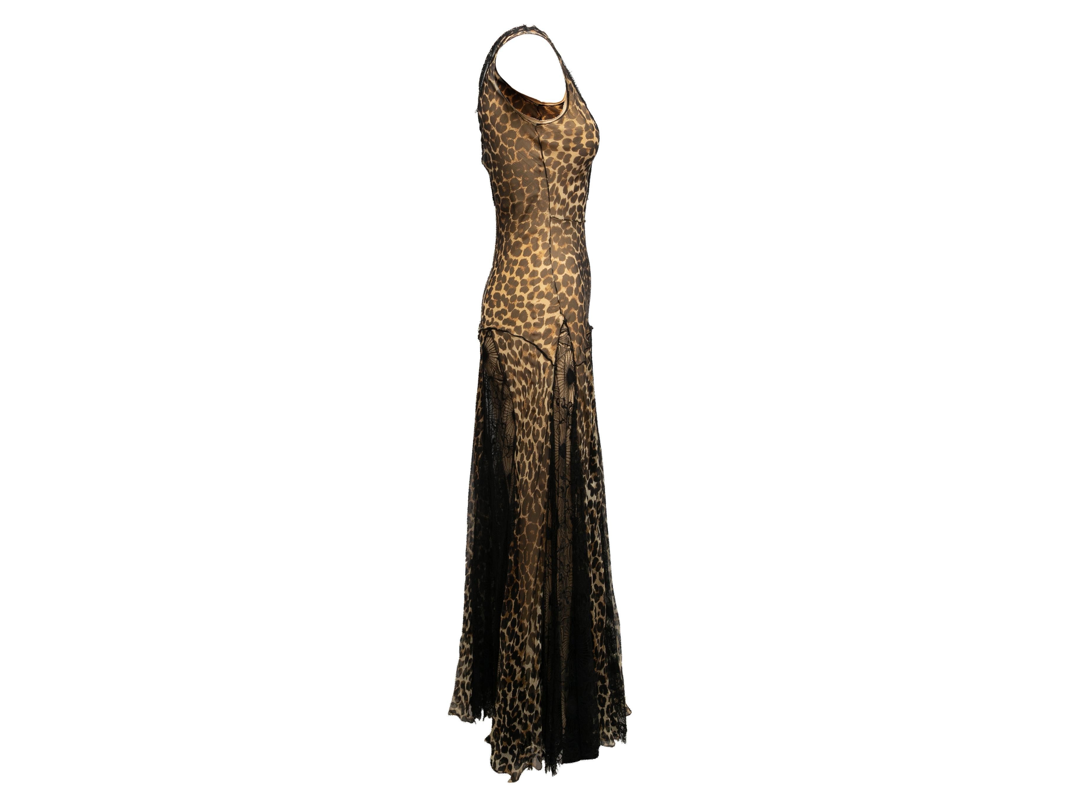 Vintage beige and black leopard print silk and lace sleeveless gown by John Galliano. From the Fall/Winter 2002 Collection. V-neck. Side closures. 28