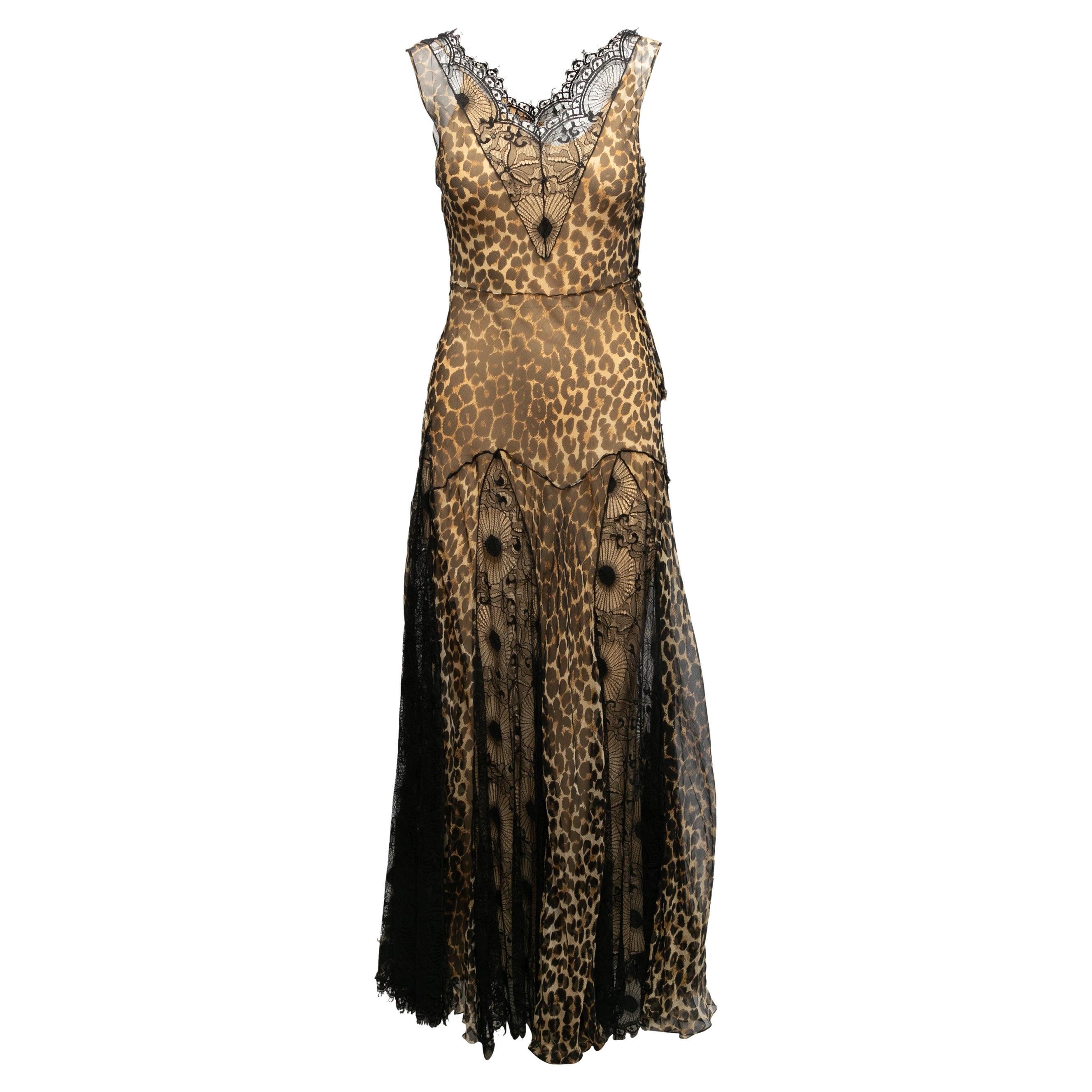 Vintage Beige & Black John Galliano F/W 2002 Leopard Print Silk & Lace Gown 
