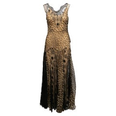 Vintage Beige & Black John Galliano F/W 2002 Leopard Print Silk & Lace Gown 