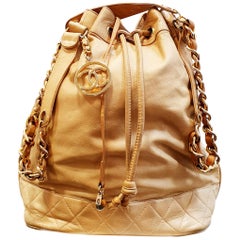 Chanel - Grand sac à cordon vintage en cuir d'agneau beige caramel avec métal doré 