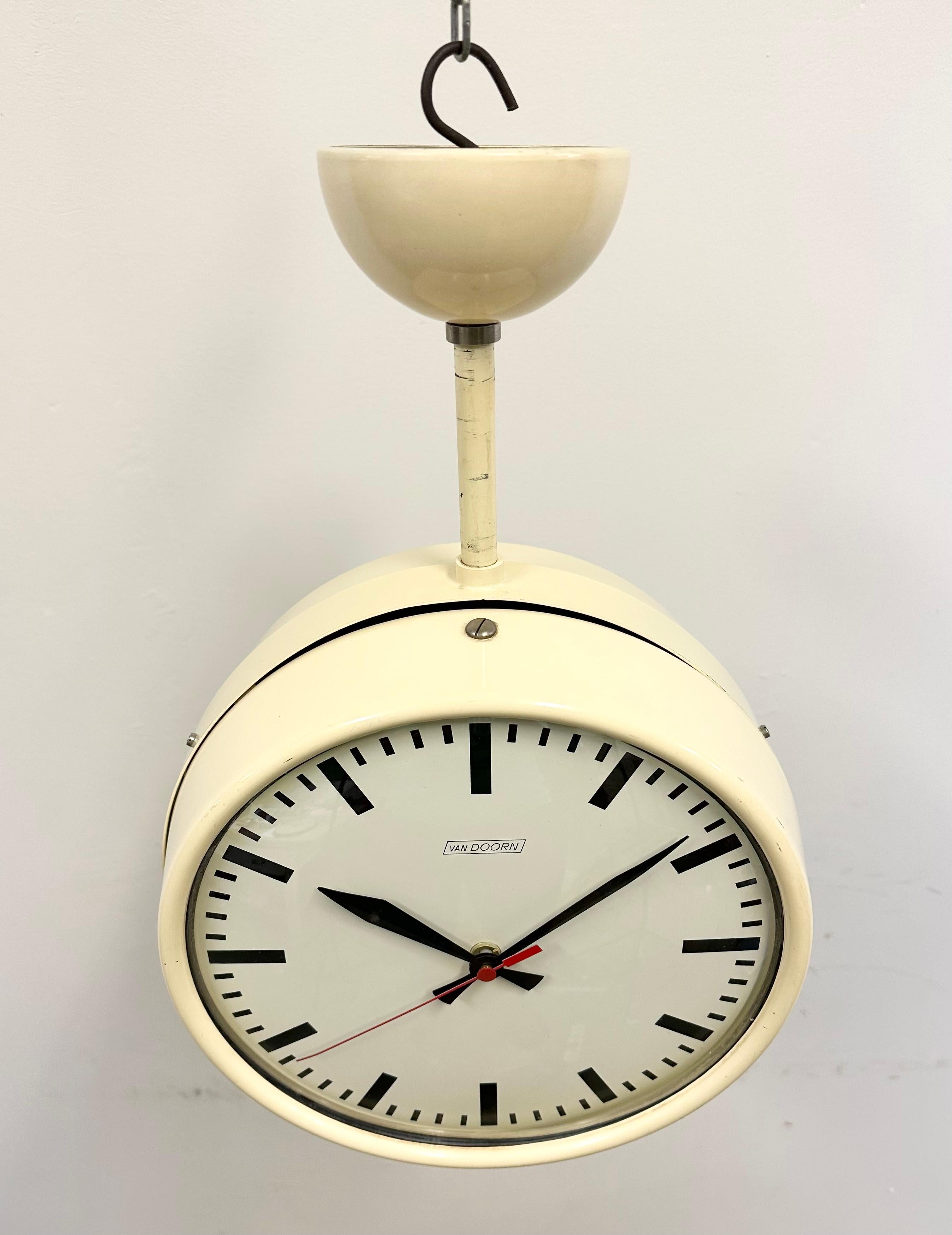 Vintage Beige Double Sided School or Station Ceiling Clock from Van Doorn, 1960s In Good Condition For Sale In Kojetice, CZ