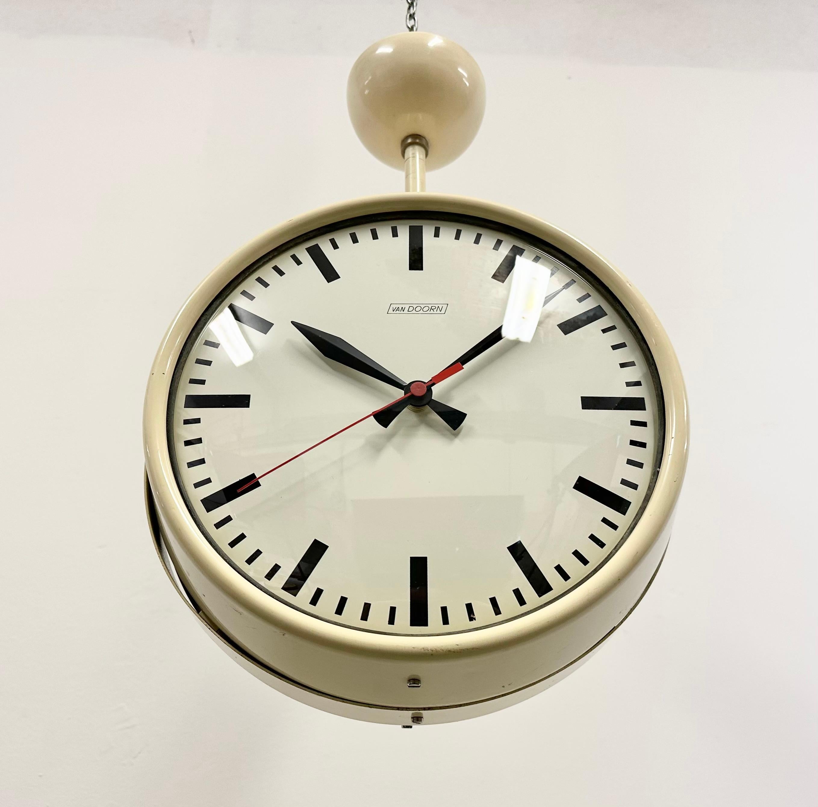 20th Century Vintage Beige Double Sided School or Station Ceiling Clock from Van Doorn, 1960s For Sale