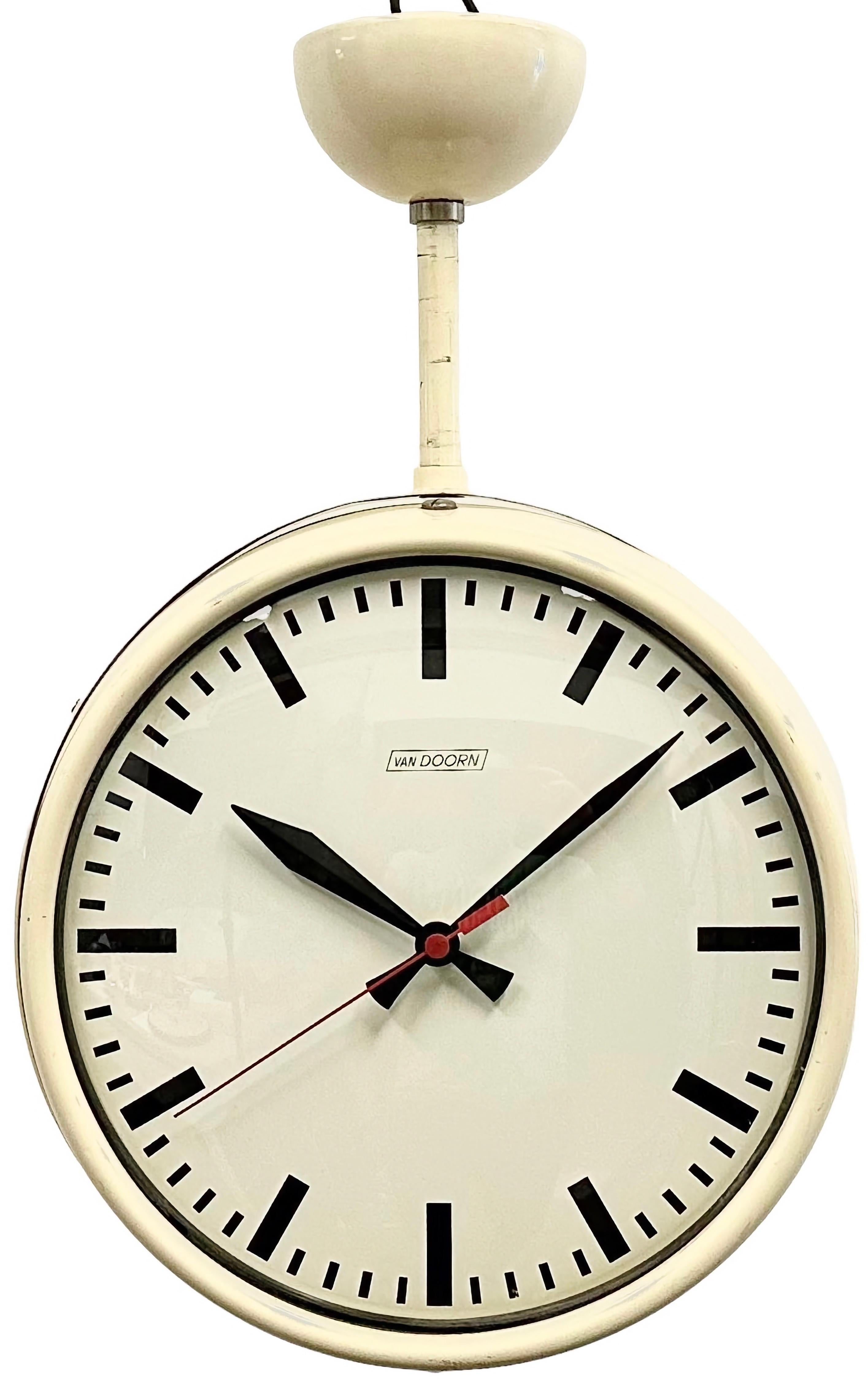 Vintage Beige Double Sided School or Station Ceiling Clock from Van Doorn, 1960s For Sale