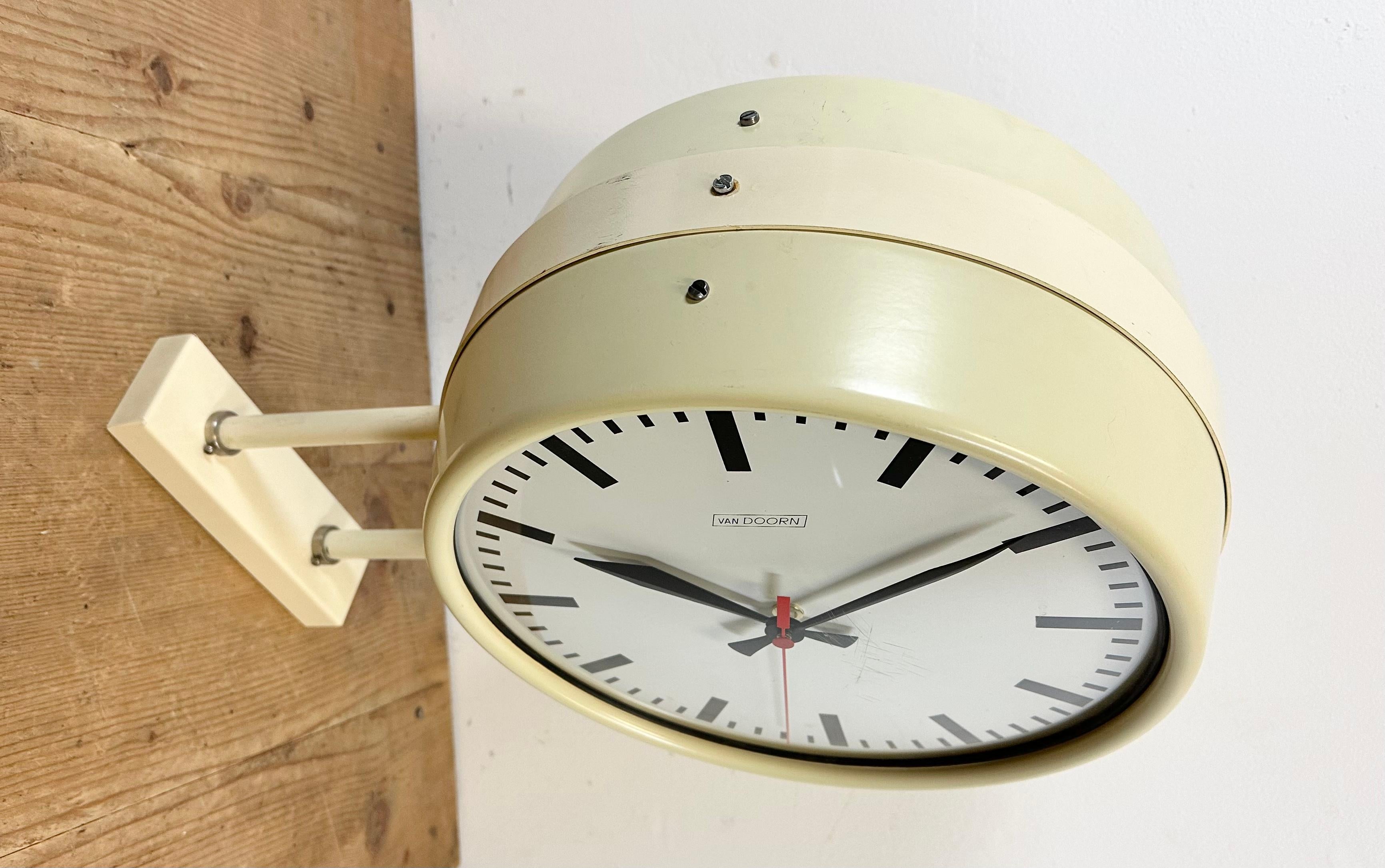 Glass Vintage Beige Double Sided School or Station Wall Clock from Van Doorn, 1960s