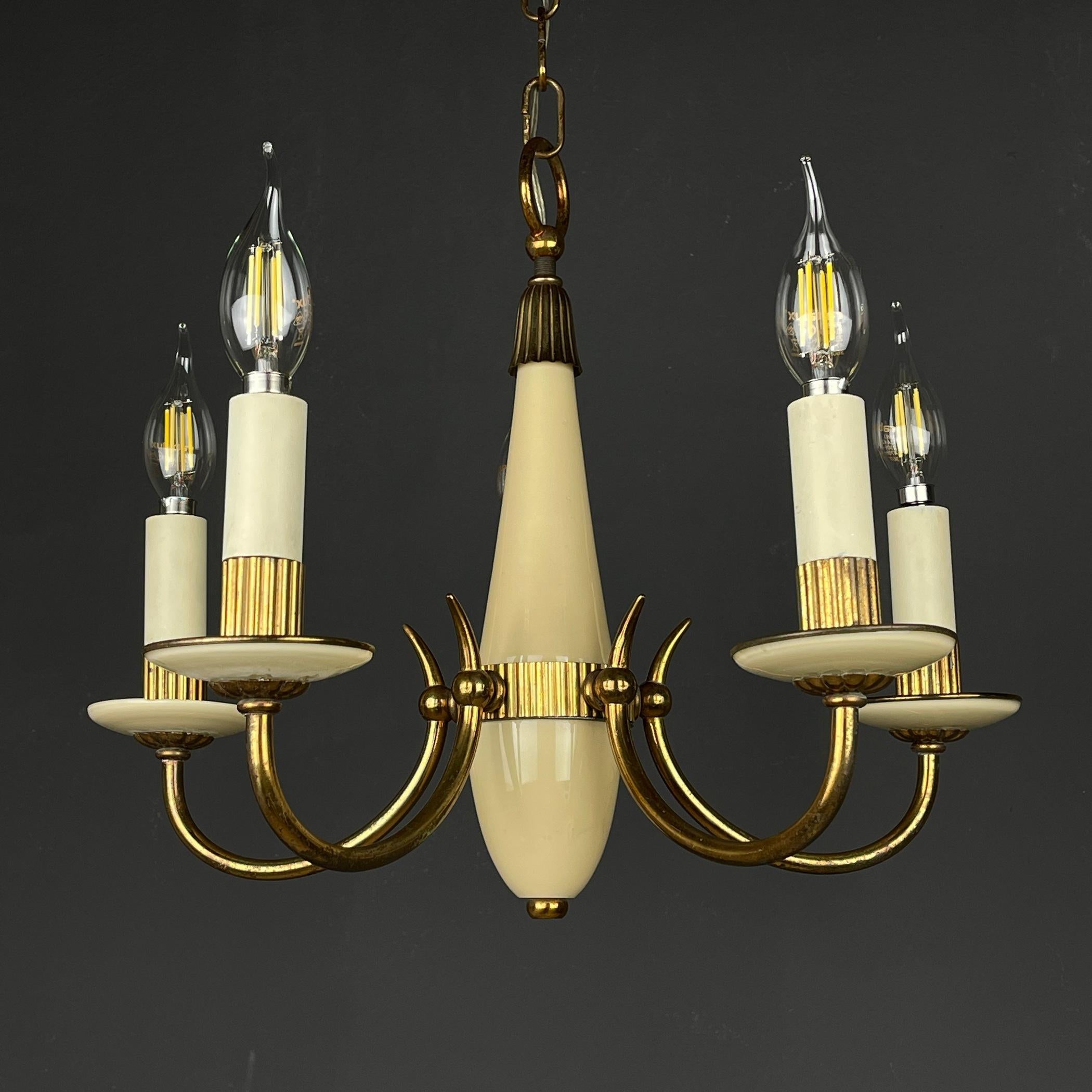 Vintage beige glass chandelier Italy 1950s 5 lights chandelier For Sale 6