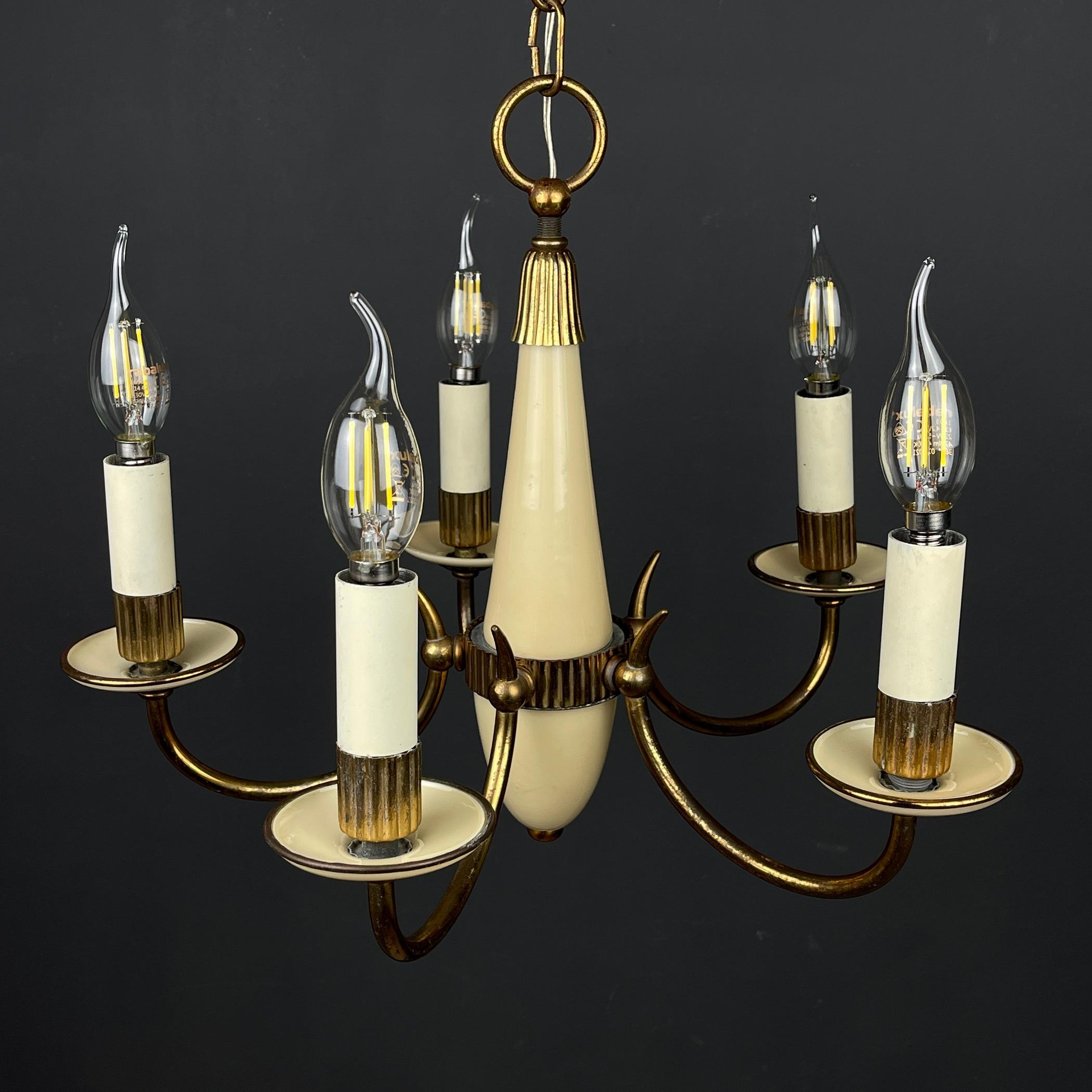Vintage beige glass chandelier Italy 1950s 5 lights chandelier For Sale 1