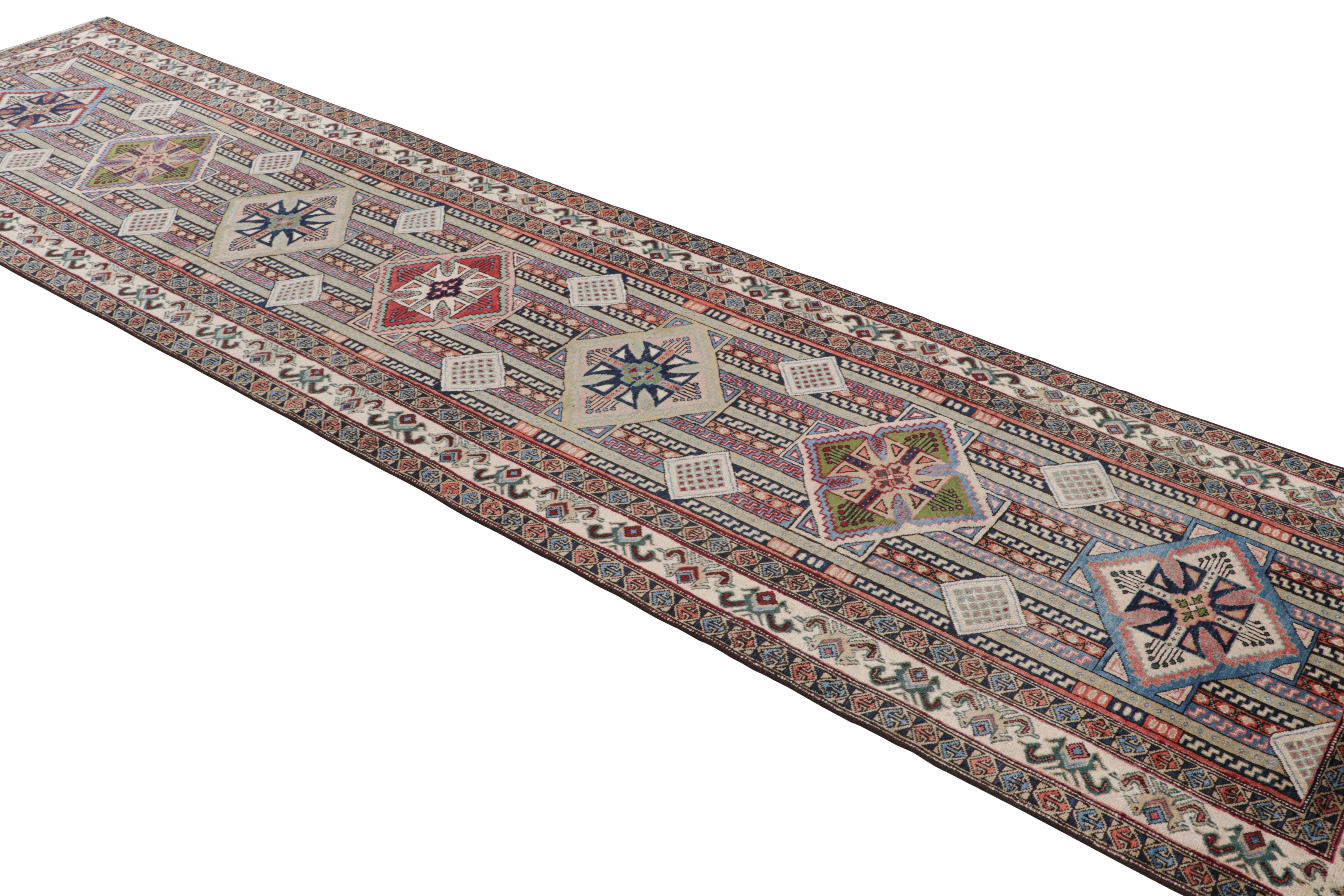 Hand-Knotted Vintage Beige Green and Red Azerbaijan Wool Persian Pile Runner by Rug & Kilim For Sale