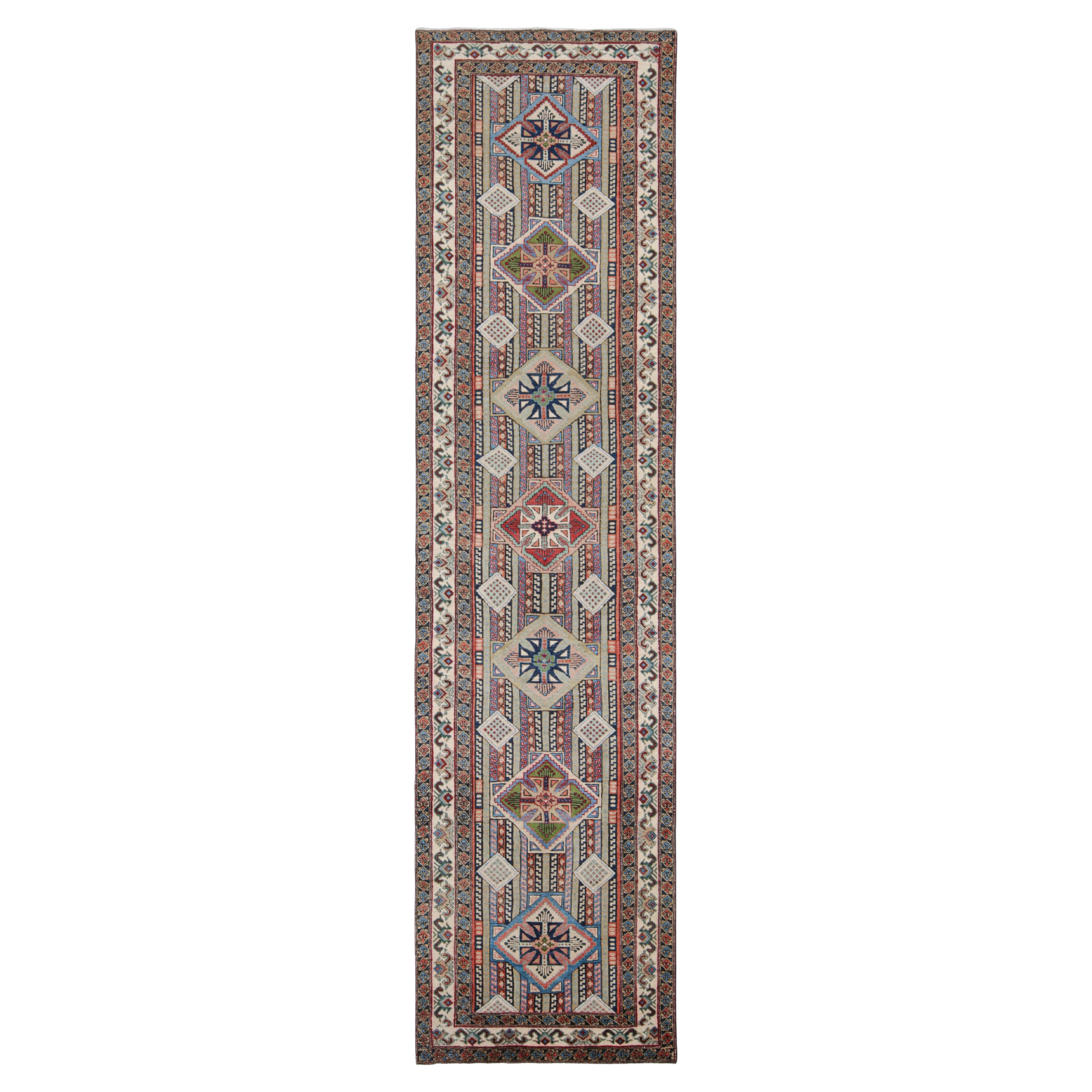 Vintage Beige Green and Red Azerbaijan Wool Persian Pile Runner by Rug & Kilim For Sale