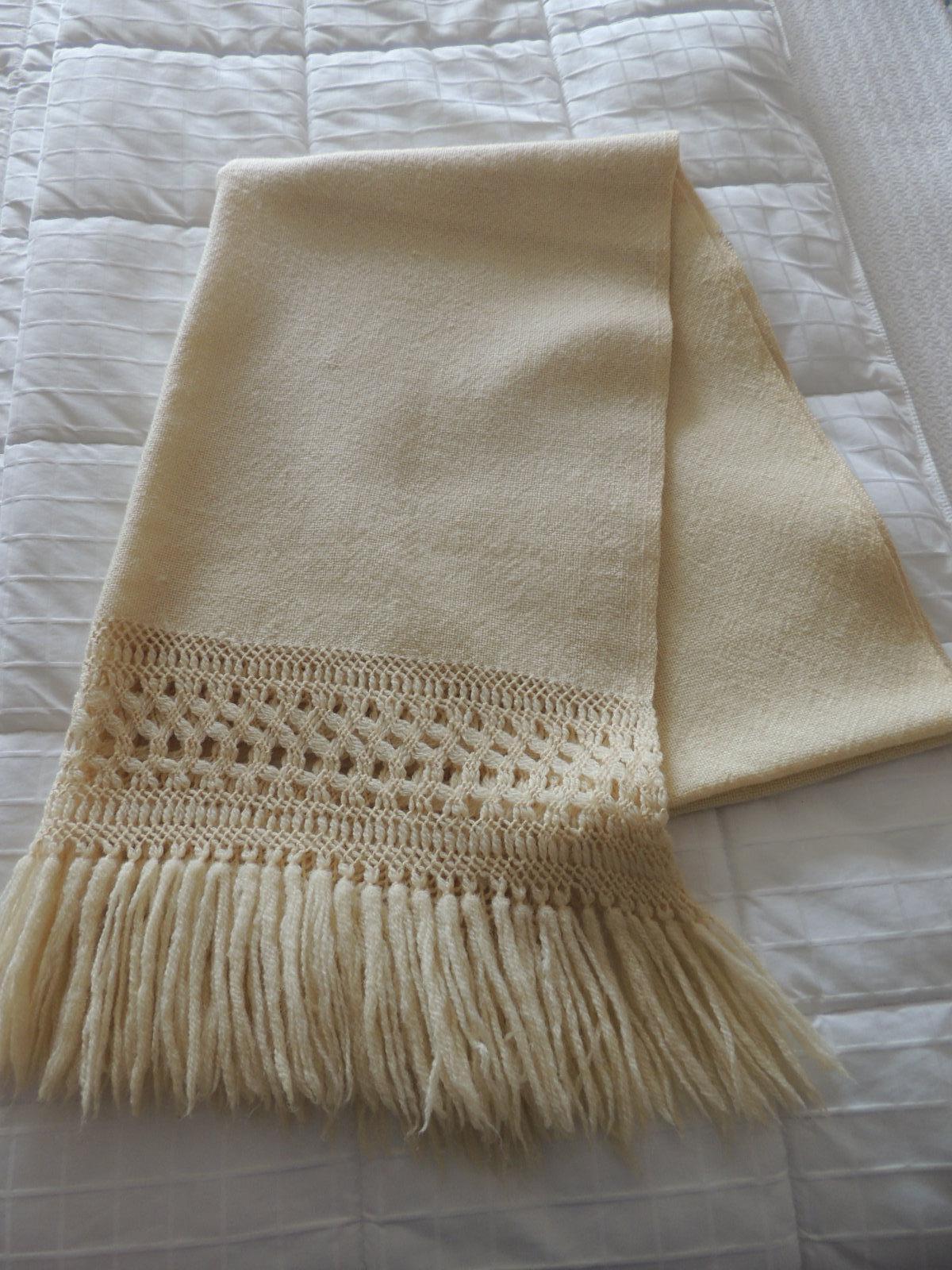 Mexican Vintage Beige Handwoven Throw with Hand Knotted Fringes