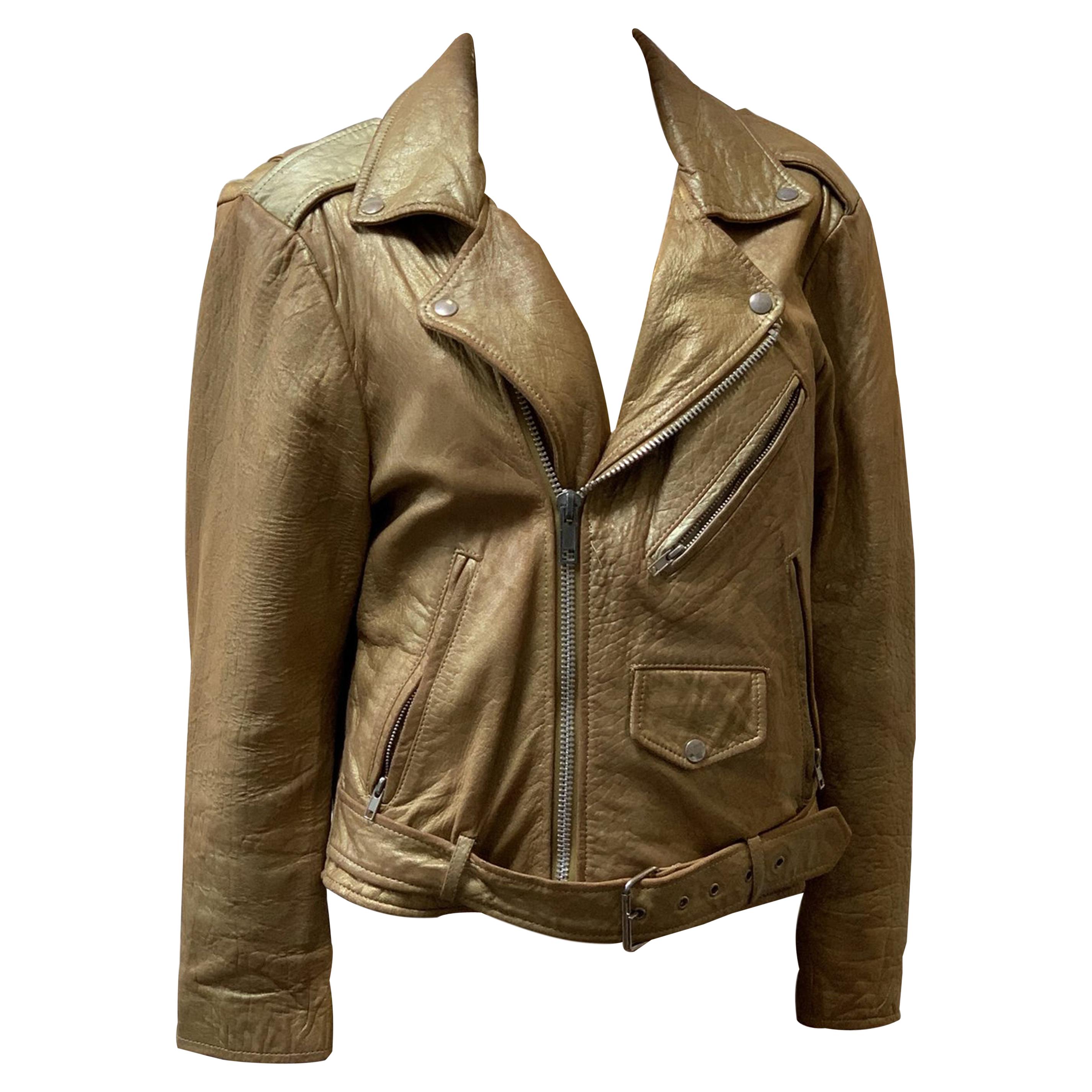 Vintage Beige Leather Biker Jacket For Sale