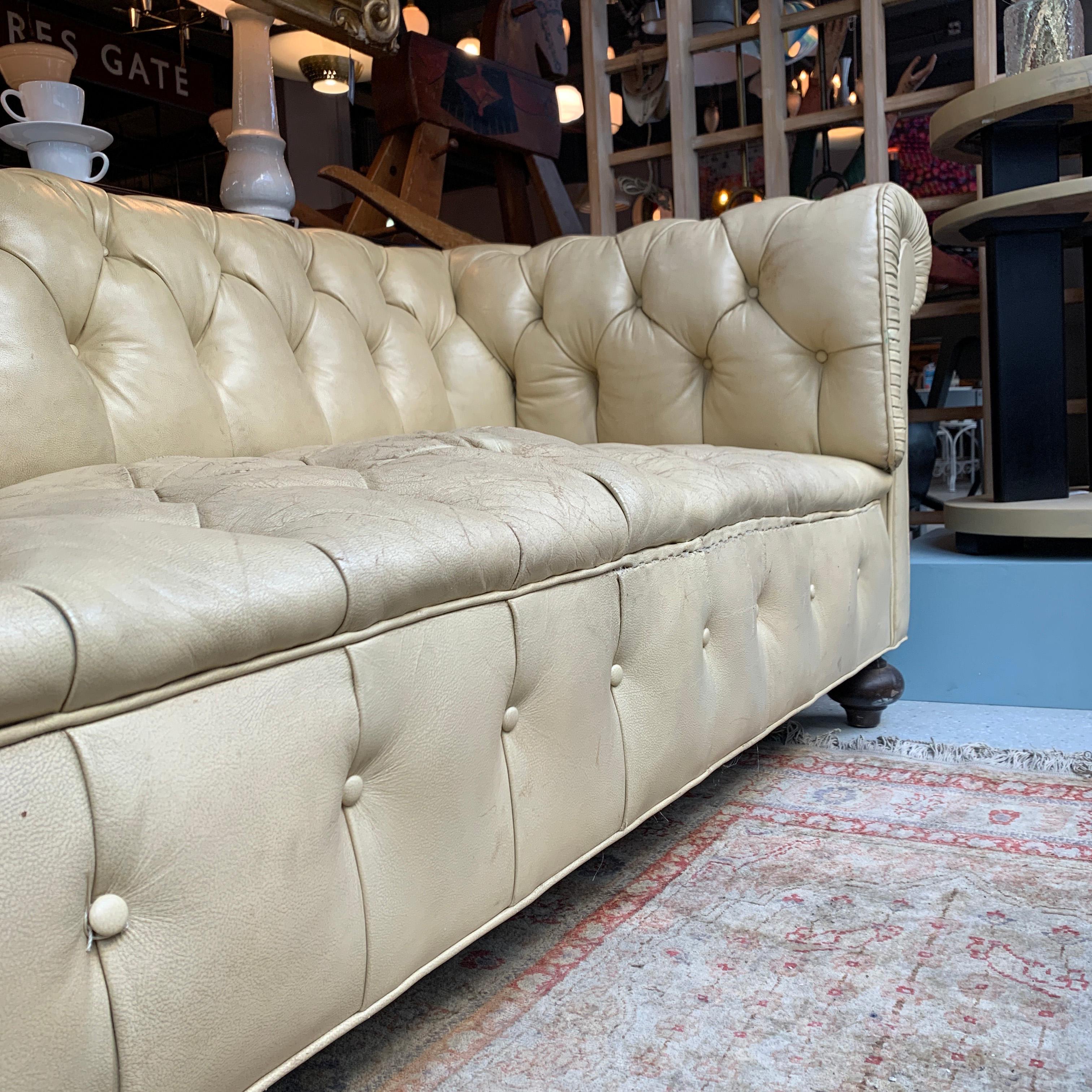 Vintage Beige Leather Chesterfield Sofa 2