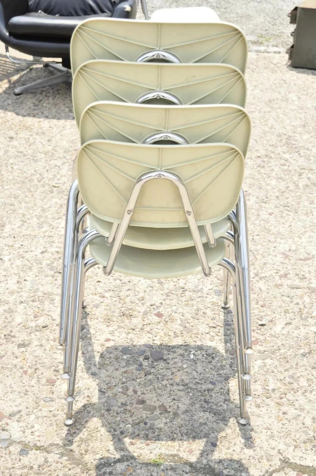 20th Century Vintage Beige Molded Plastic Chrome Metal Base Stacking School Side Chair Single For Sale