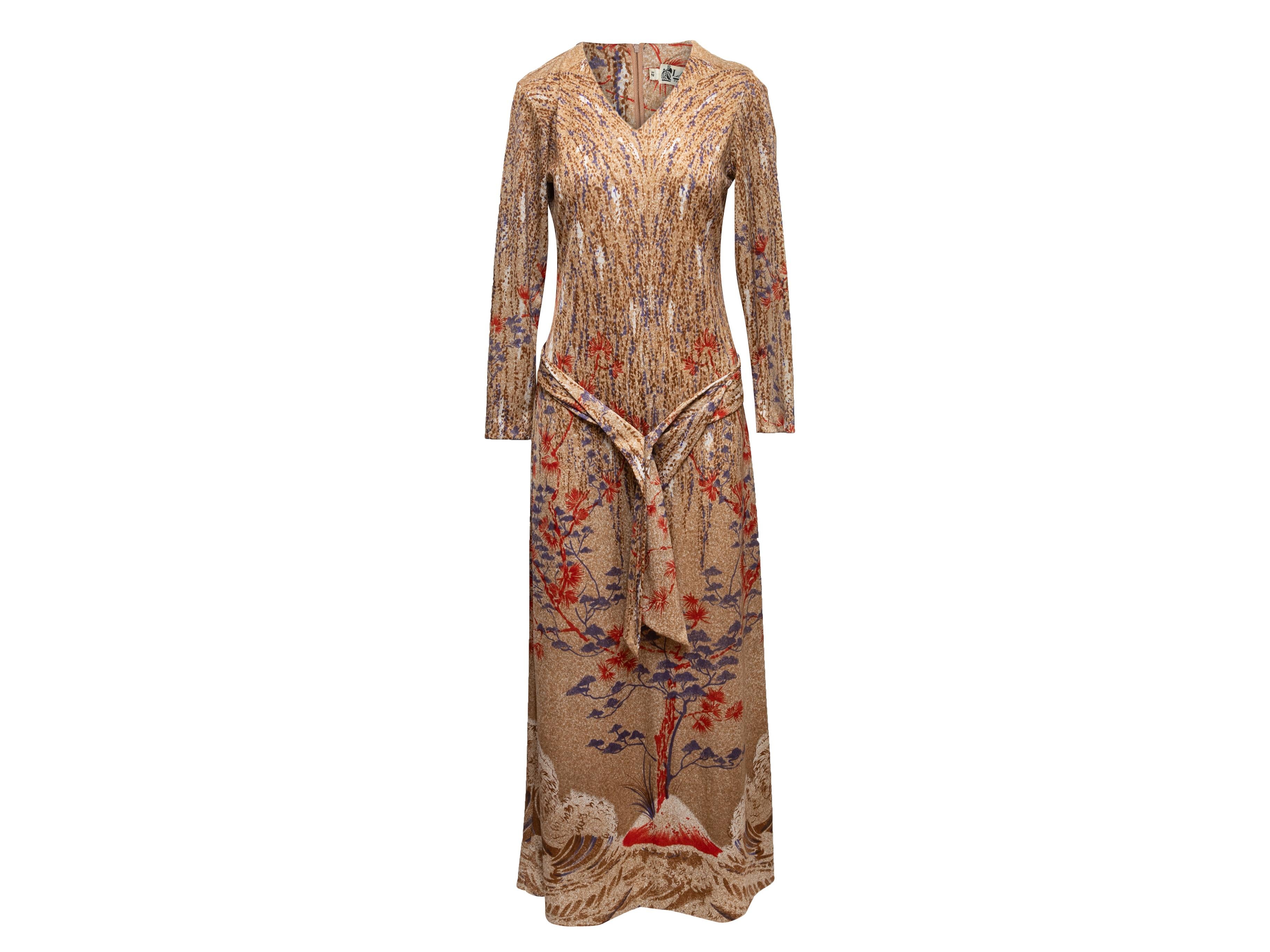 Vintage beige and multicolor tree print maxi dress by Lanvin. V-neck. Long sleeves. Zip closure at back. 36