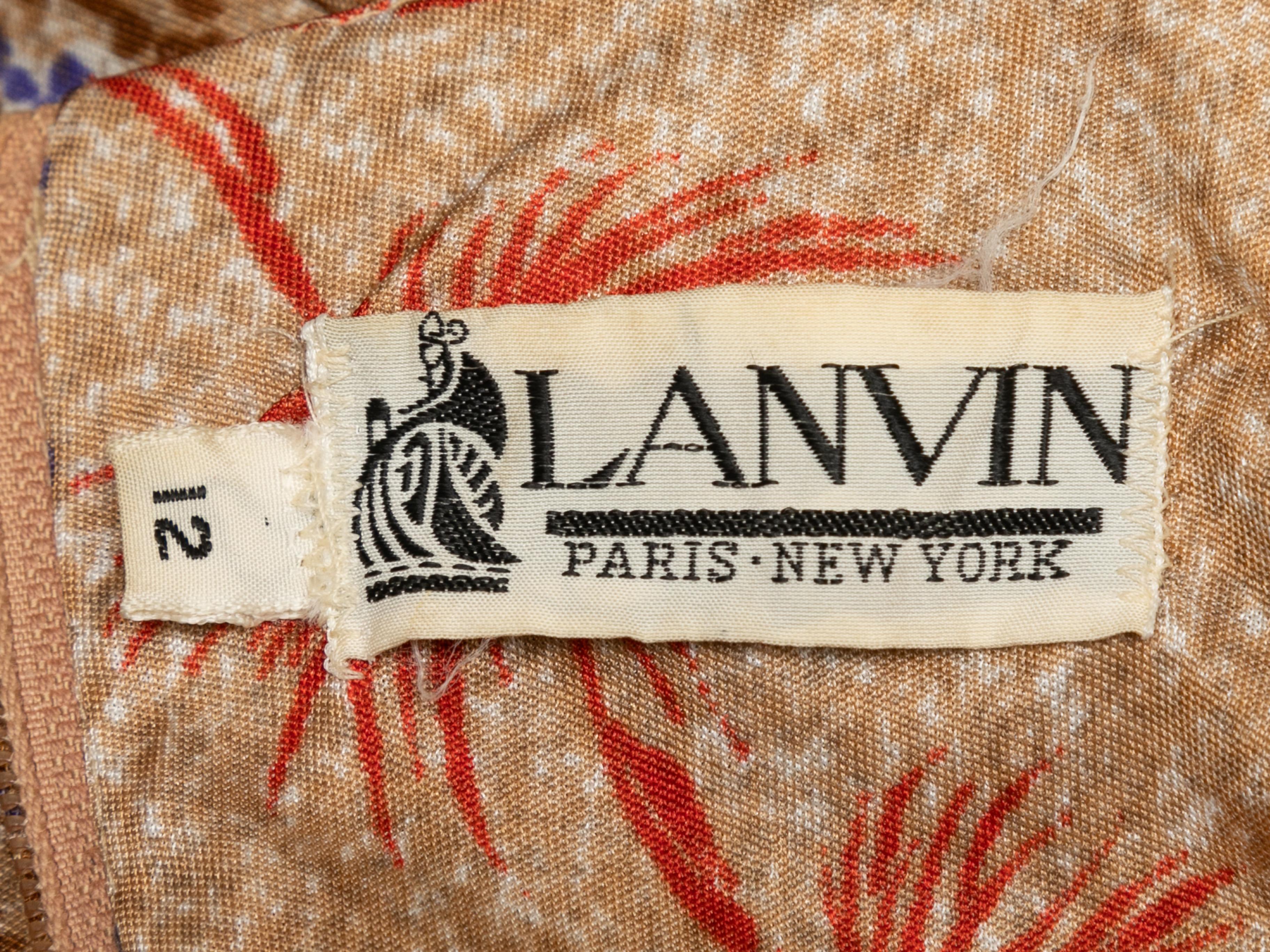 Robe longue vintage beige et multicolore imprimée d'arbres, Lanvin. Col en V. Manches longues. Fermeture à glissière au dos. Poitrine 36