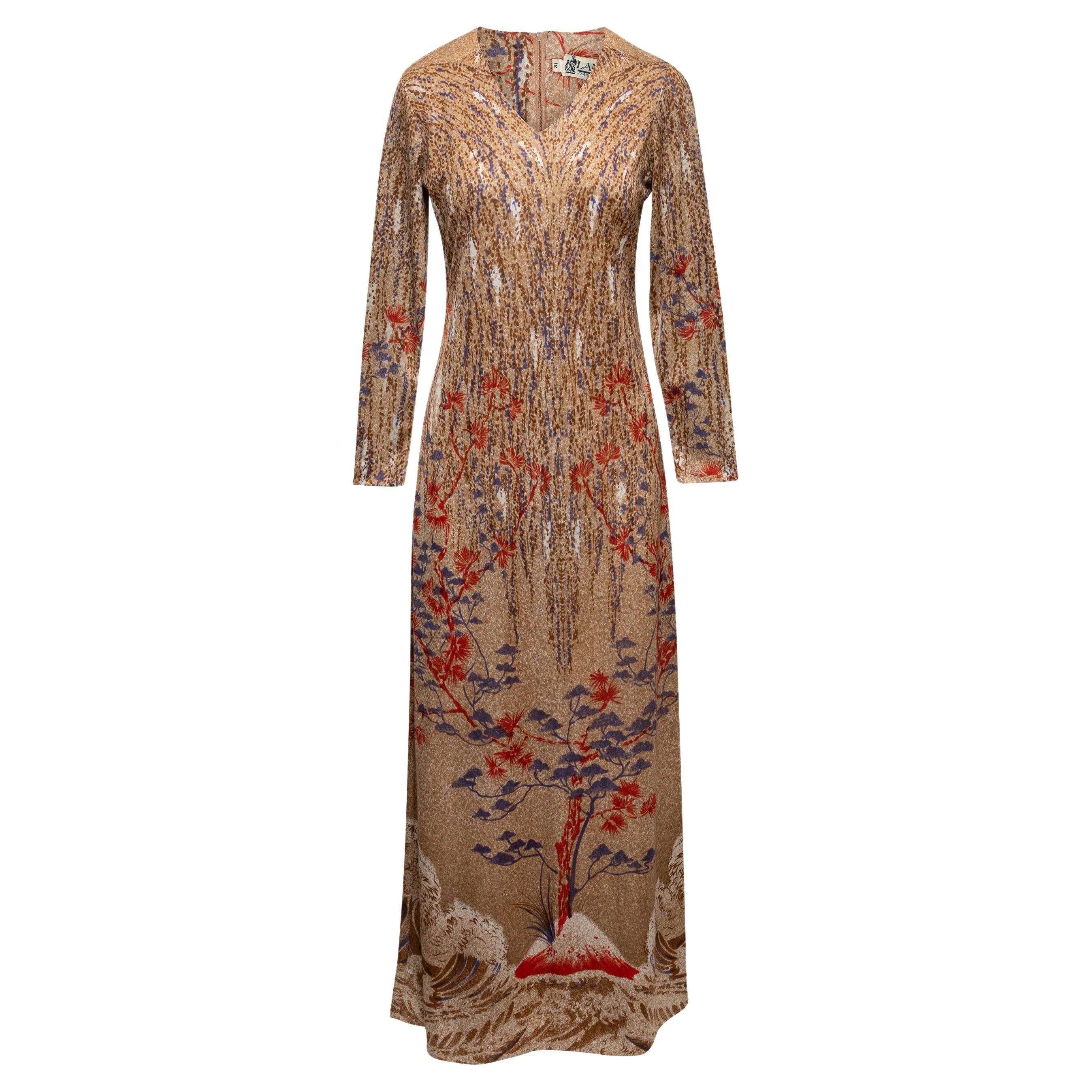 Vintage Beige & Multicolor Lanvin Tree Print Maxi Dress Size US S For Sale