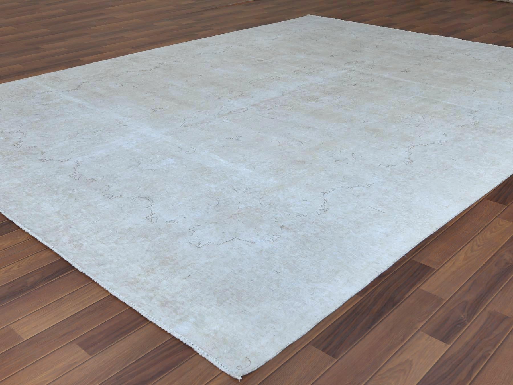 Hand-Knotted Vintage Beige Persian Kerman Distressed Look Clean Pure Wool Hand Knotted Rug