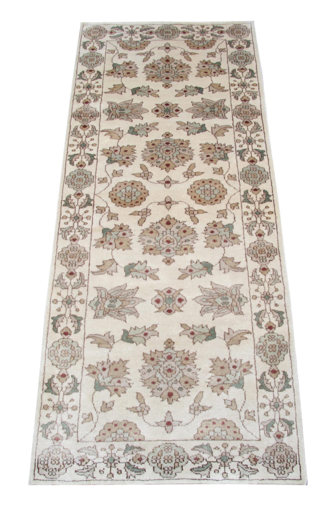 Pakistani Vintage Beige Runner Rug, Floral Wool Coffe Brown Carpet Runner Zeigler For Sale