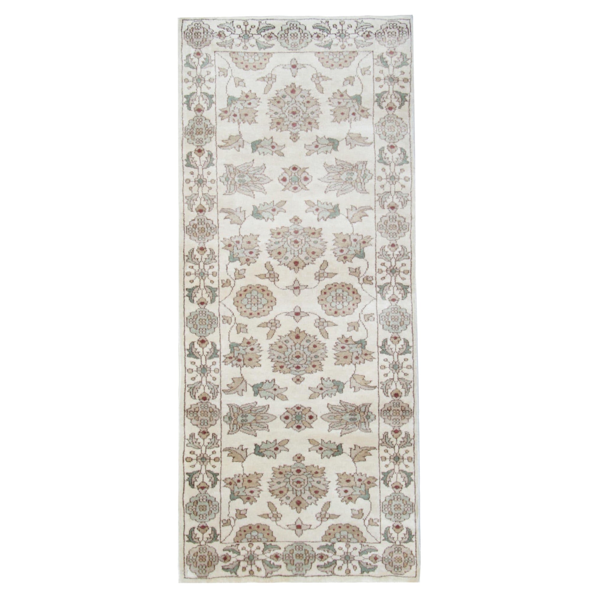 Vintage Beige Runner Rug, Floral Wool Coffe Brown Carpet Runner Zeigler