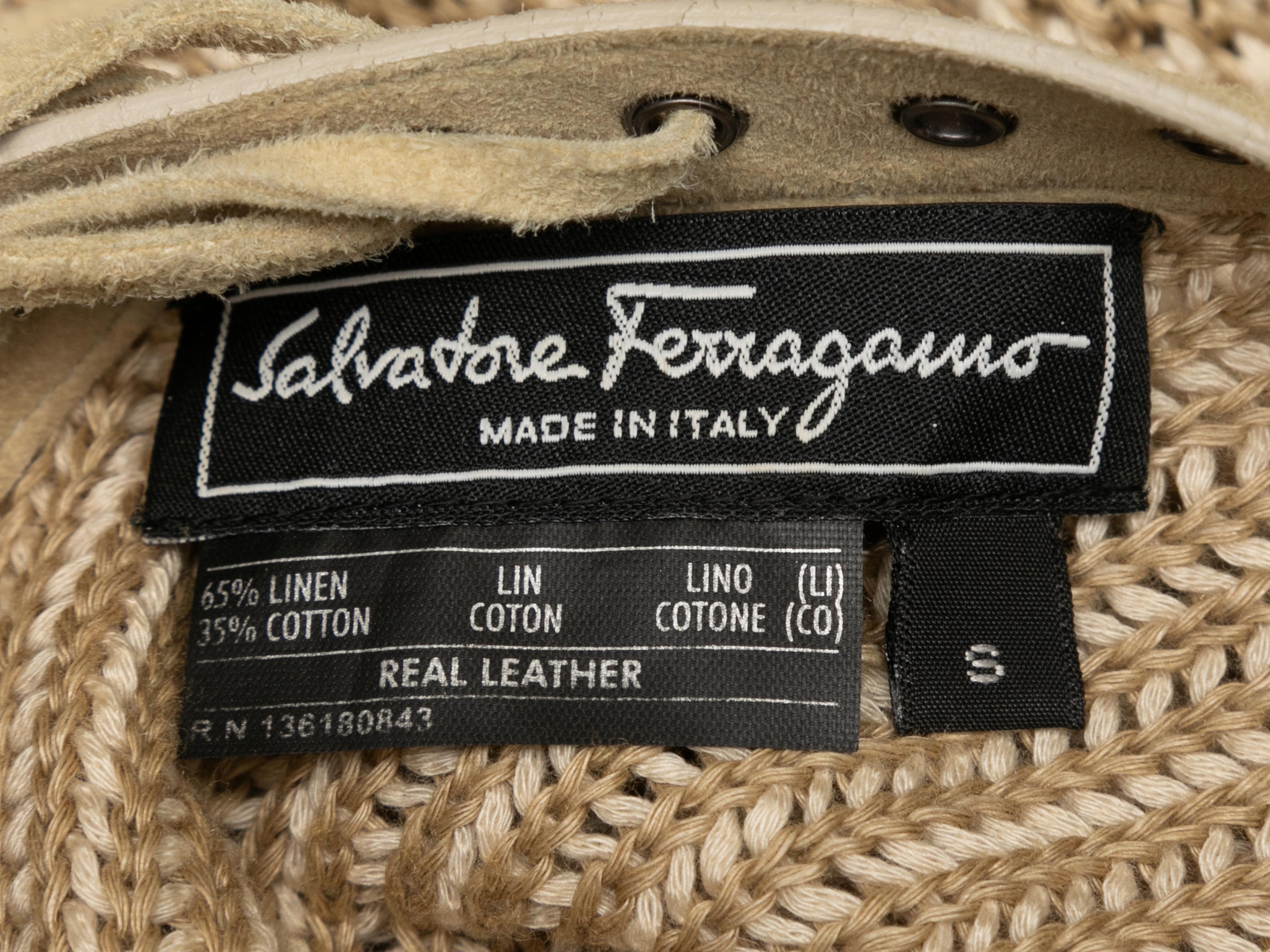 Vintage beige linen-blend sweater by Salvatore Ferragamo. Leather trim featuring lace-up detailing at neckline. 26