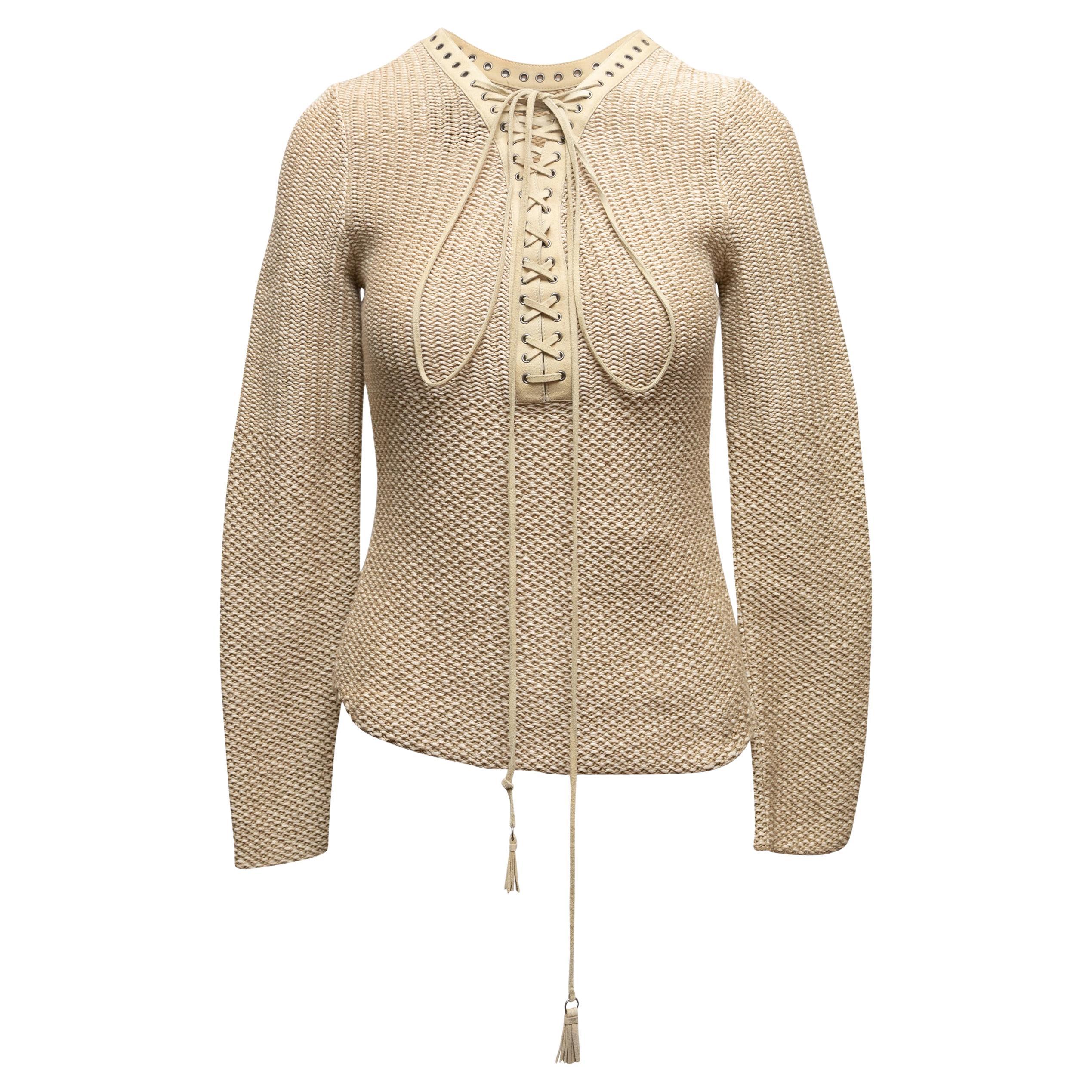 Vintage Beige Salvatore Ferragamo Leather-Trimmed Sweater Size US S For Sale