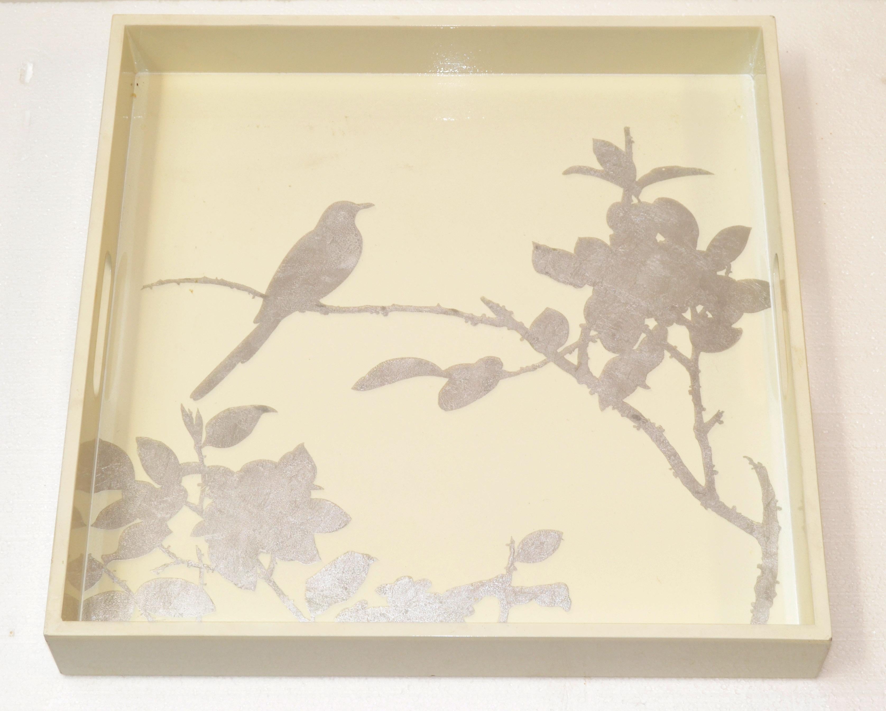 Vintage Beige Square Breakfast Tray Hand-Painted Silver Leaf Bird Tree Branch For Sale 3