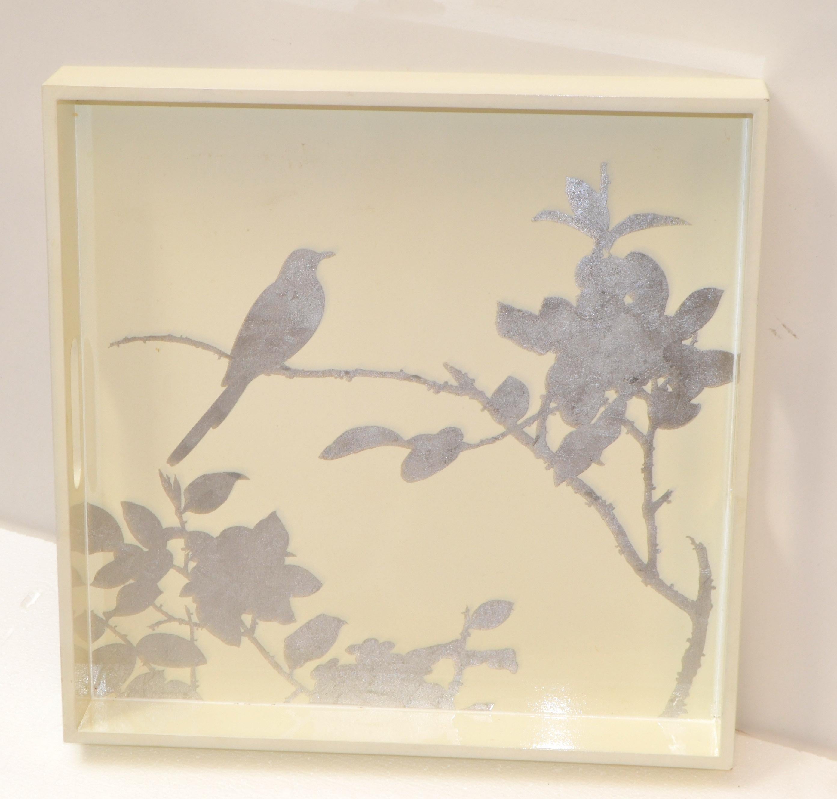 Vintage Beige Square Breakfast Tray Hand-Painted Silver Leaf Bird Tree Branch For Sale 5