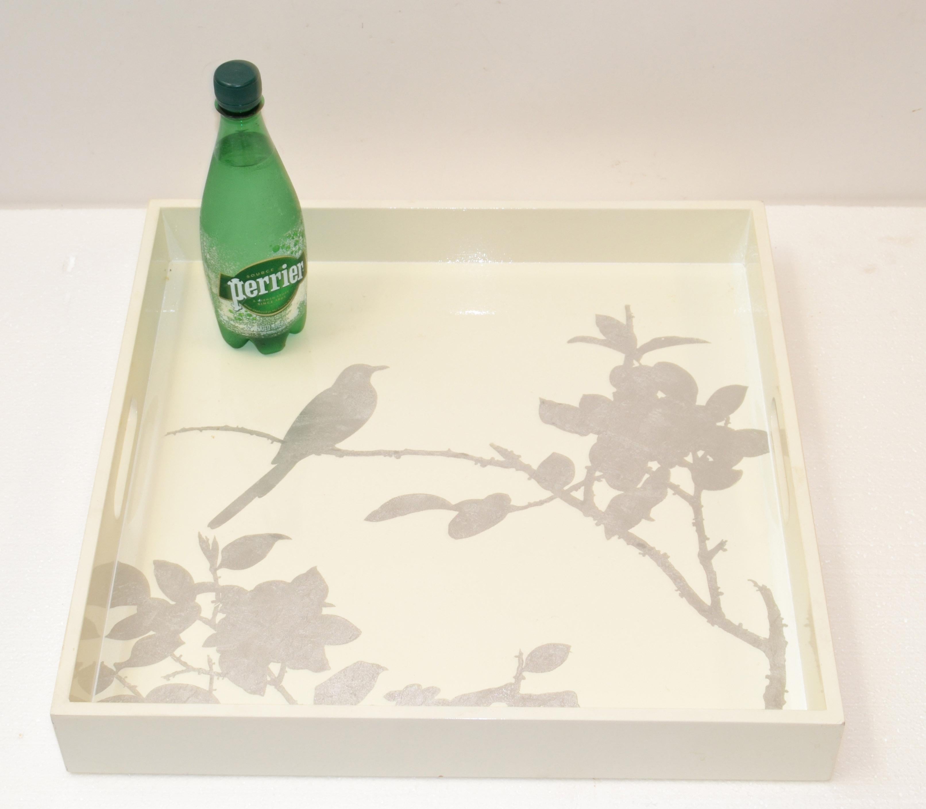 Mid-Century Modern Vintage Beige Square Breakfast Tray Hand-Painted Silver Leaf Bird Tree Branch For Sale