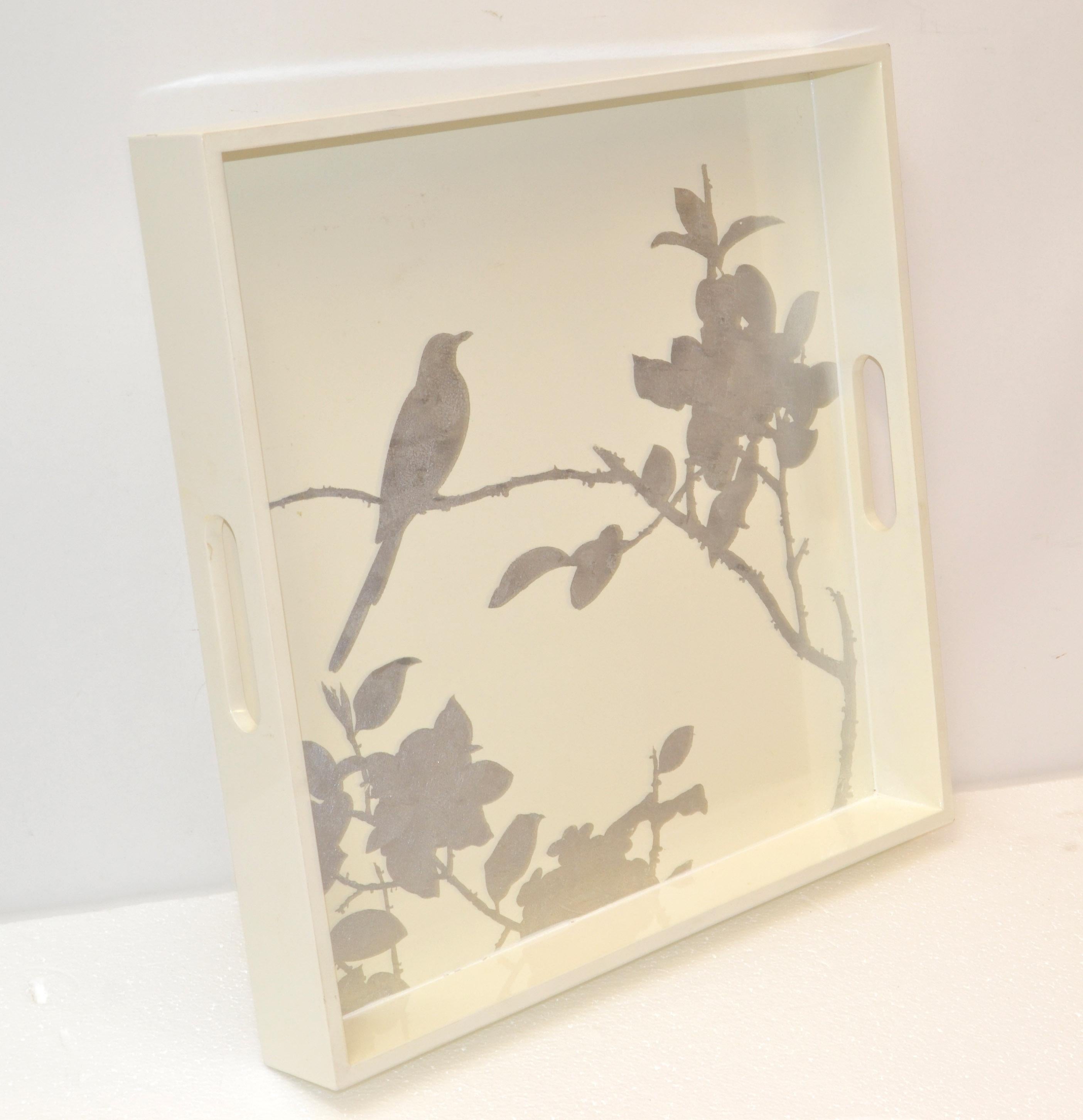 Hand-Crafted Vintage Beige Square Breakfast Tray Hand-Painted Silver Leaf Bird Tree Branch For Sale