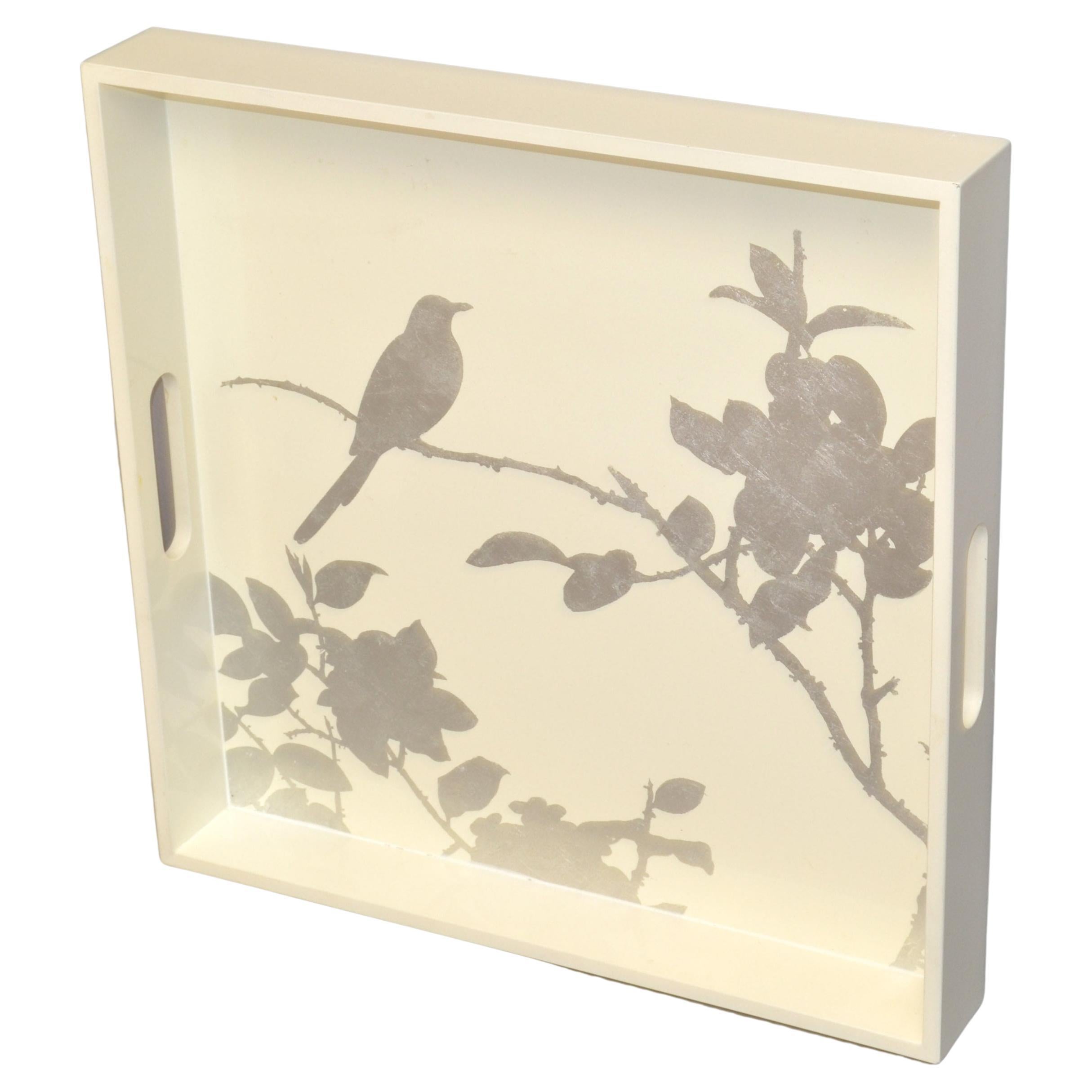 Vintage Beige Square Breakfast Tray Hand-Painted Silver Leaf Bird Tree Branch For Sale