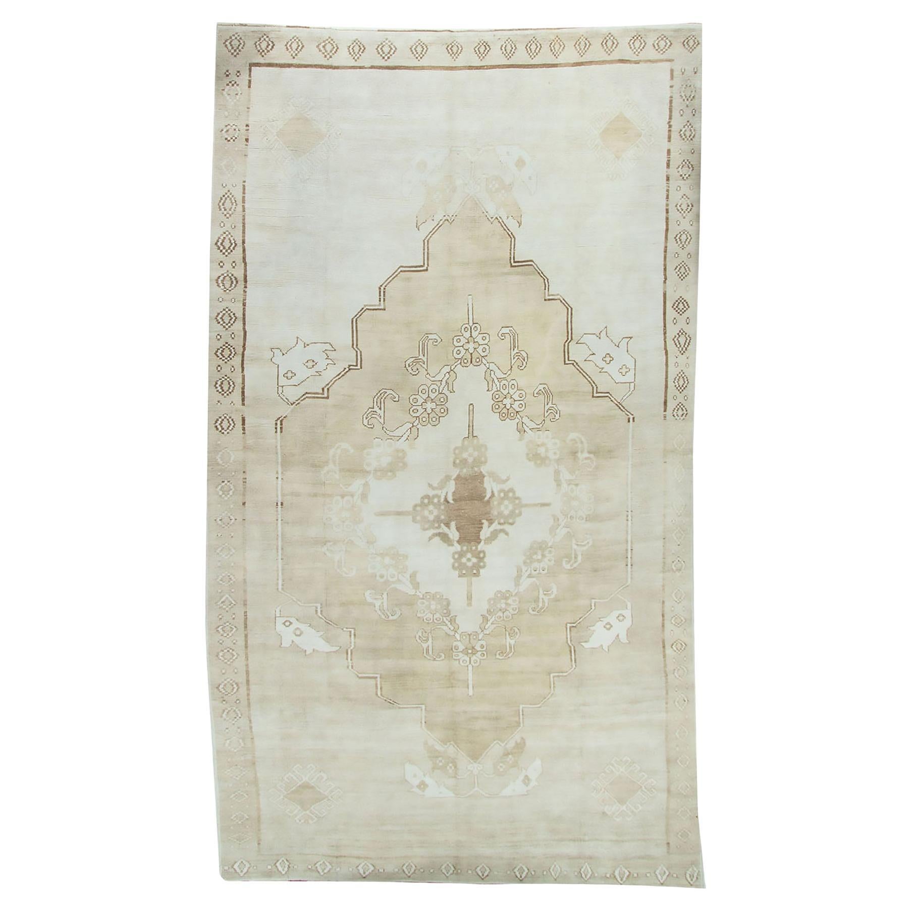 Vintage Beige Turkish Wool Hand Knotted Oushak Rug