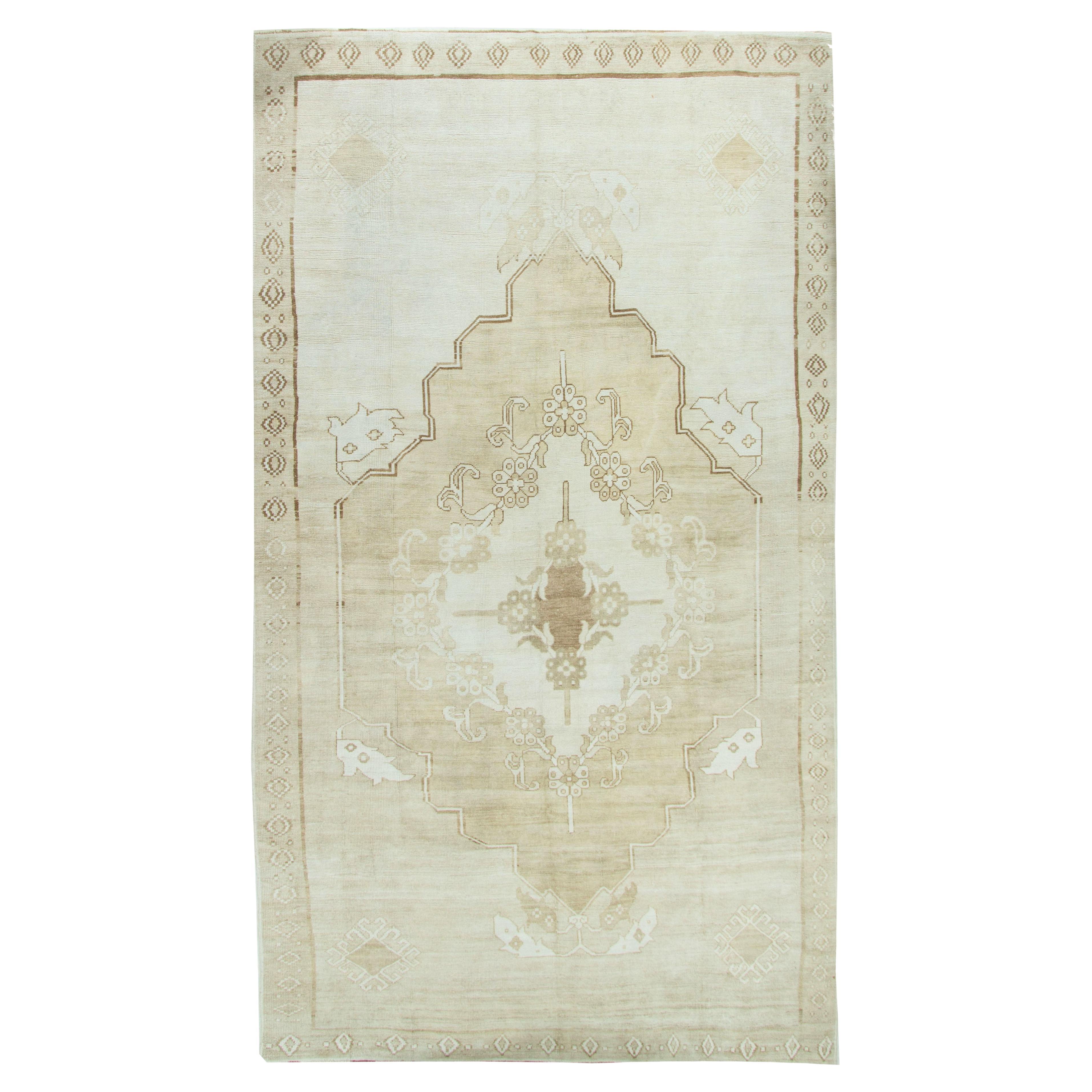 Vintage Beige Turkish Wool Hand Knotted Oushak Rug