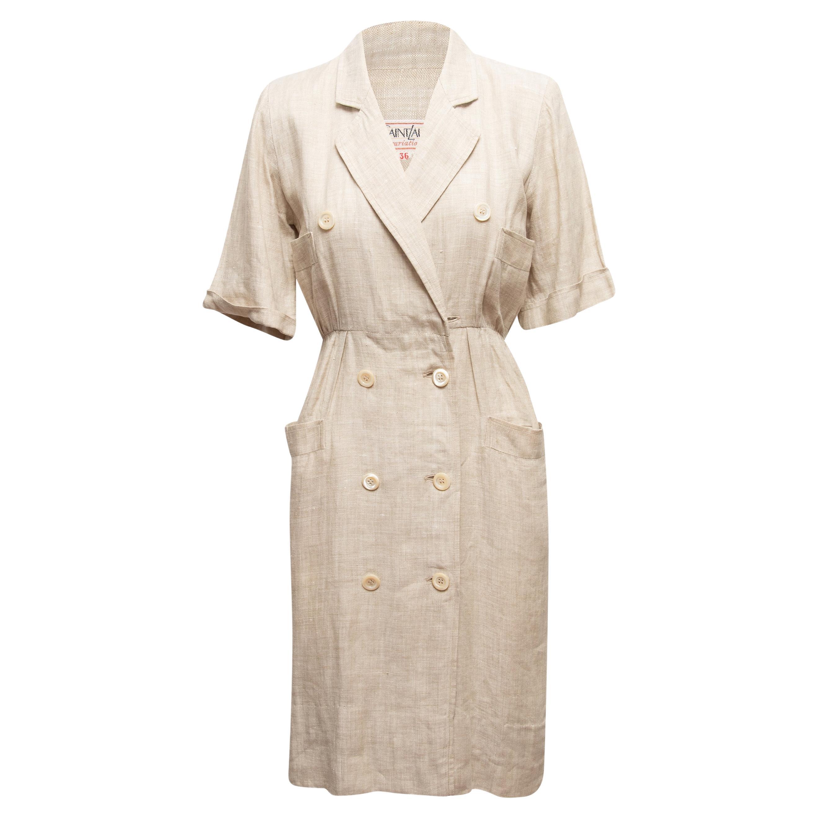 Vintage Beige Yves Saint Laurent Variation 1990s Linen Dress For Sale