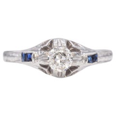 Vintage Belais 18K White Gold 0.27ct Old Euro Diamond & Sapphire Engagement Ring