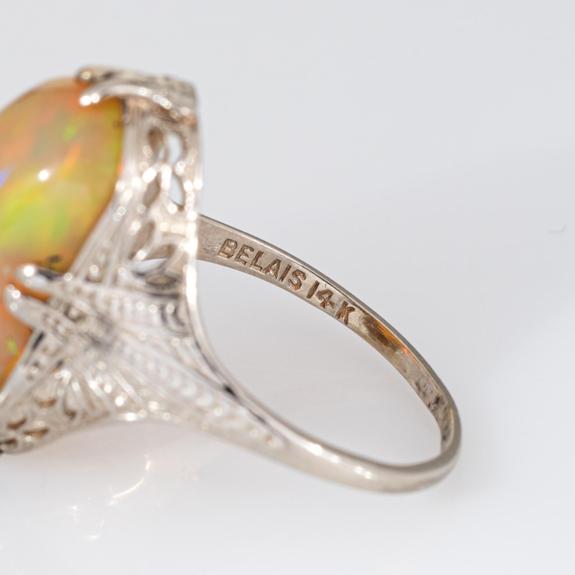 Vintage Belais Art Deco Opal Ring 14k White Gold Filigree Fine Jewelry In Good Condition For Sale In Torrance, CA