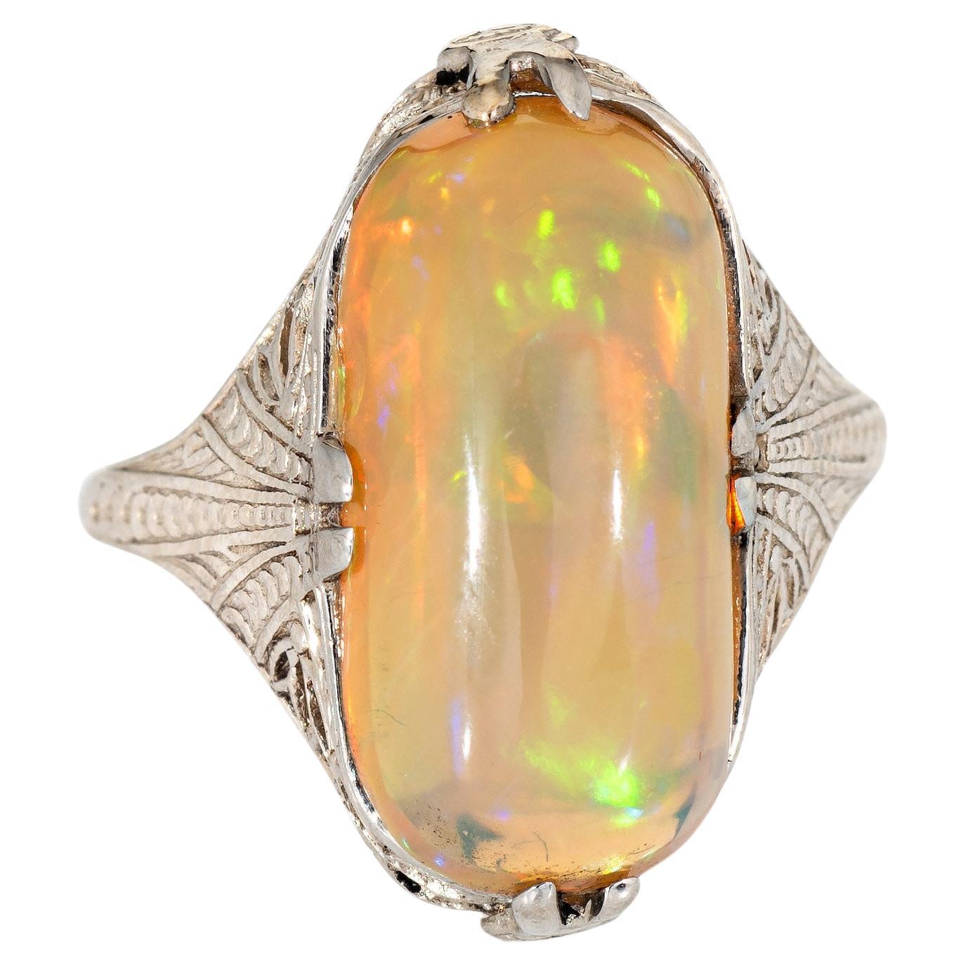 Vintage Belais Art Deco Opal Ring 14k White Gold Filigree Fine Jewelry For Sale
