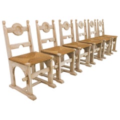 Used Belgian Bleached Oak Dining Chairs, Set of Six