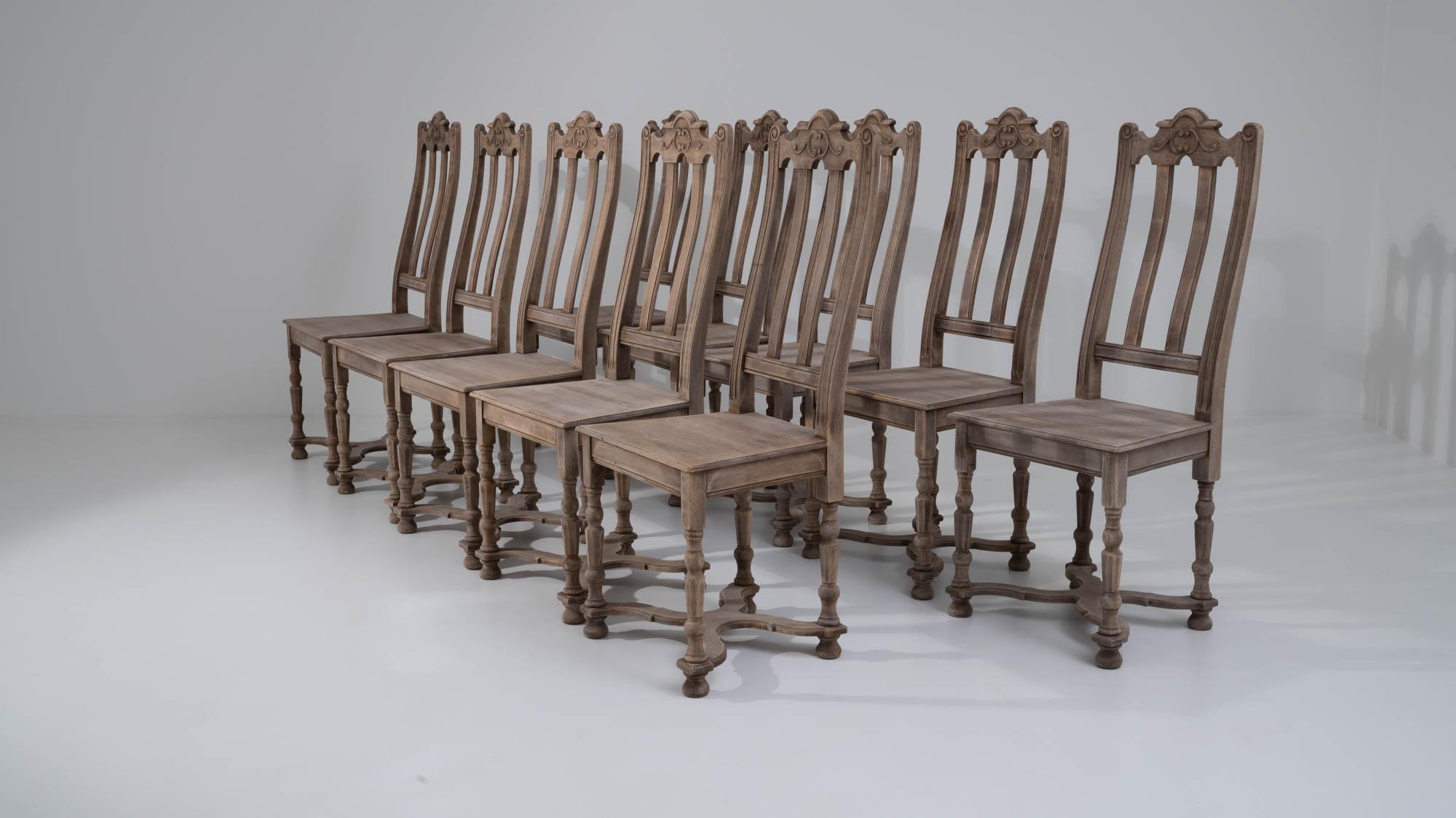 Vintage Belgian Bleached Oak Dining Chairs, Set of Ten 4