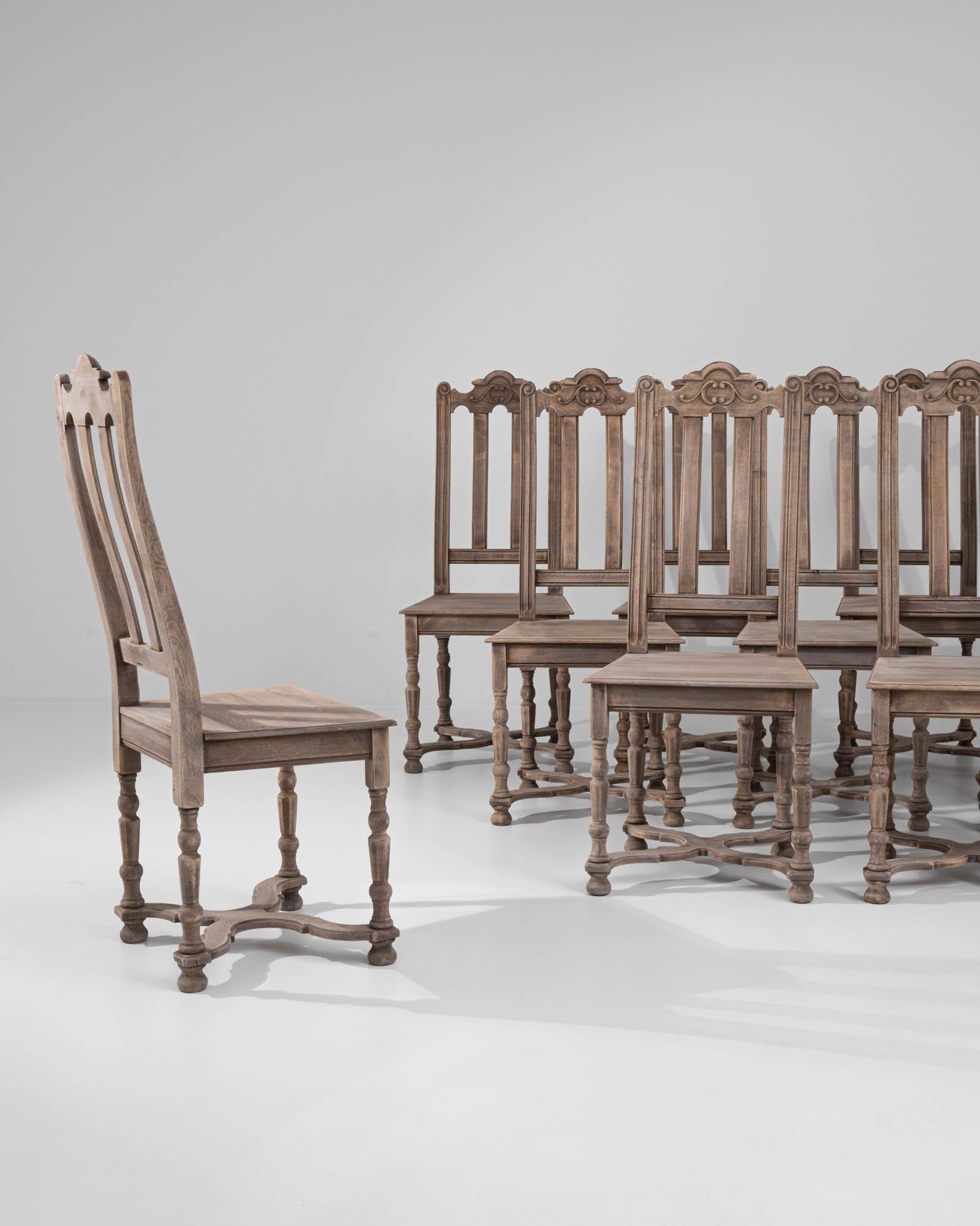 Country Vintage Belgian Bleached Oak Dining Chairs, Set of Ten