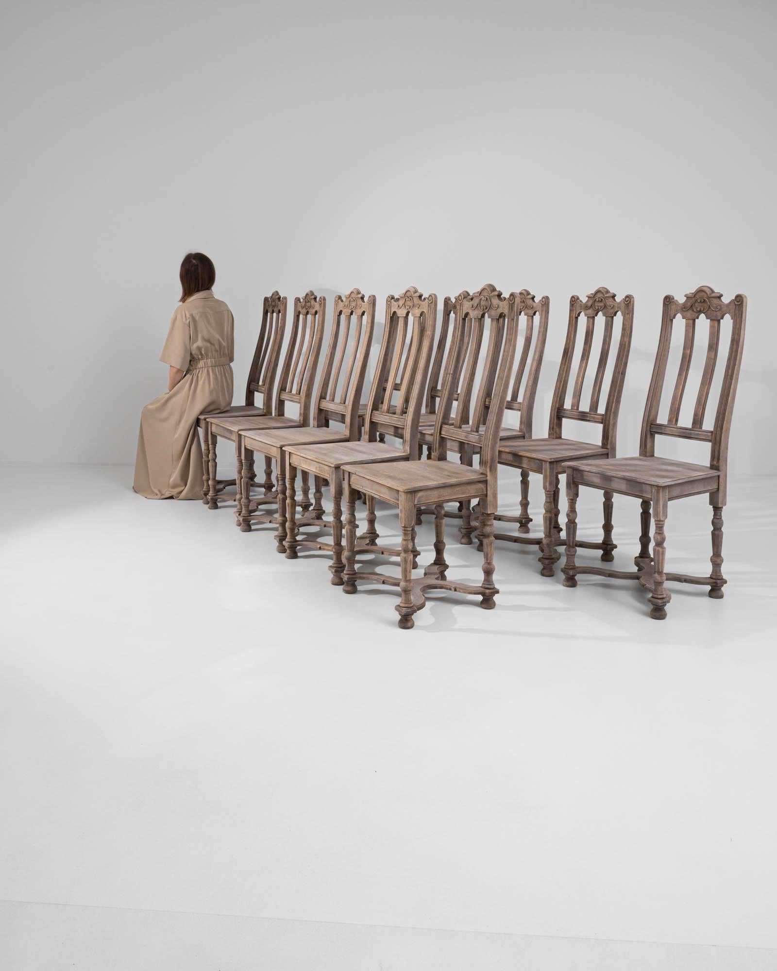 Vintage Belgian Bleached Oak Dining Chairs, Set of Ten 3