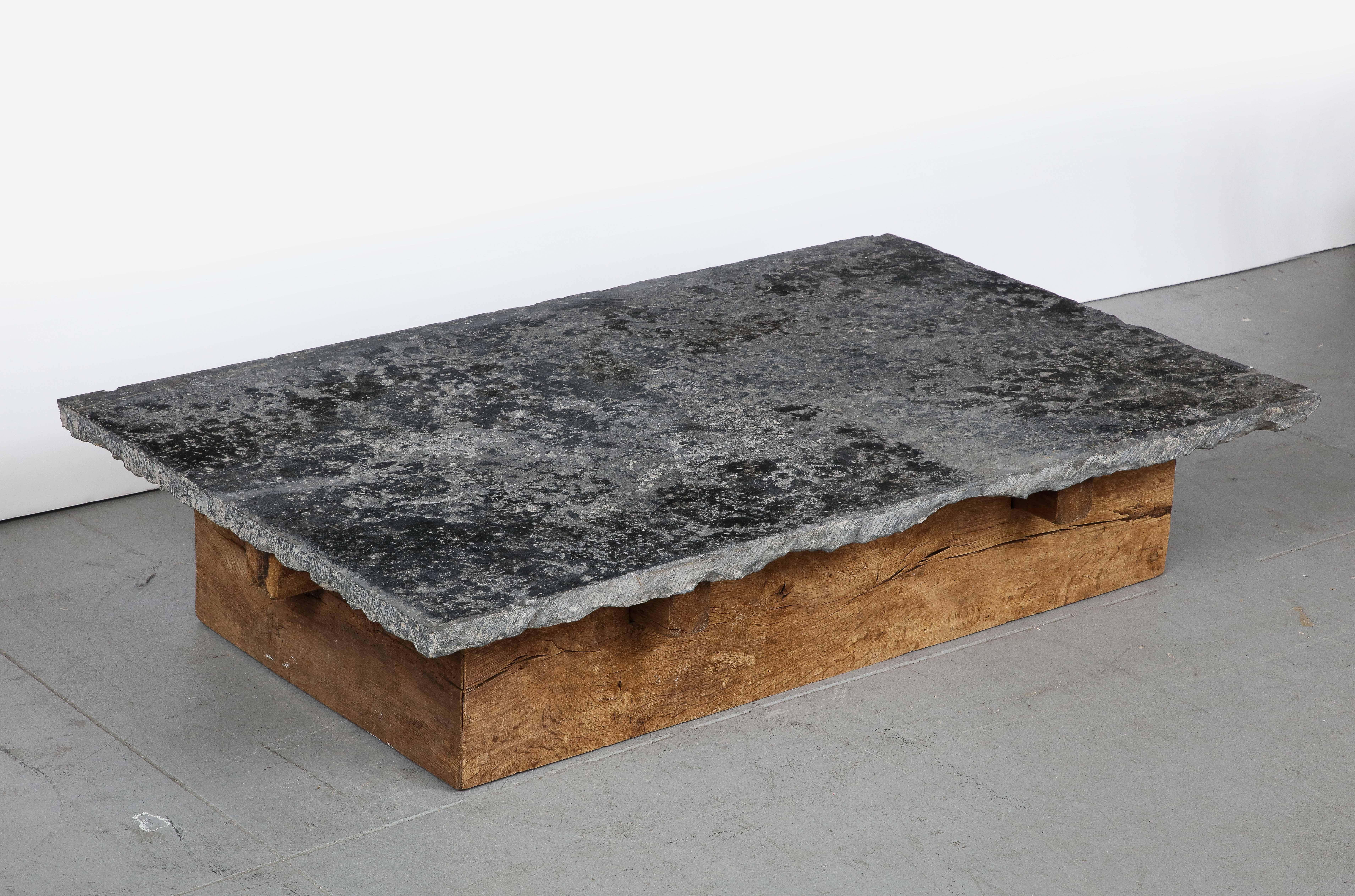 Vintage Belgian Bluestone Coffee Table with French Oak Base In Good Condition In Brooklyn, NY