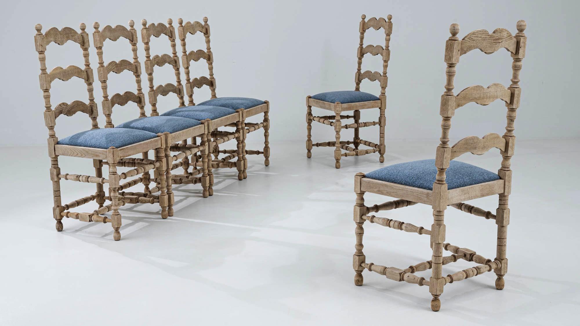 Bouclé Vintage Belgian Country Oak Dining Chairs, Set of Six For Sale
